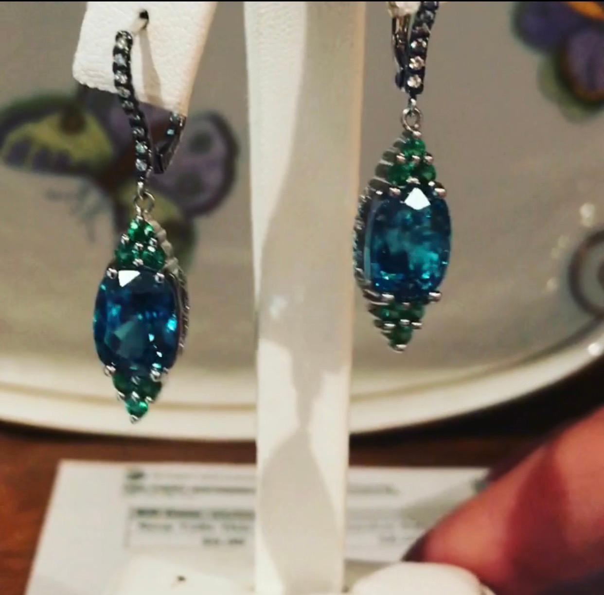 Bella Campbell For Campbellian Collection, 18 K White Gold Dangling Earrings Combine Blue Zircon And Green Garnet, Accented With Diamonds As  the Side Detail and on the Lever Back. Blue Zircon And Green Garnet Make Striking Color Combination, The