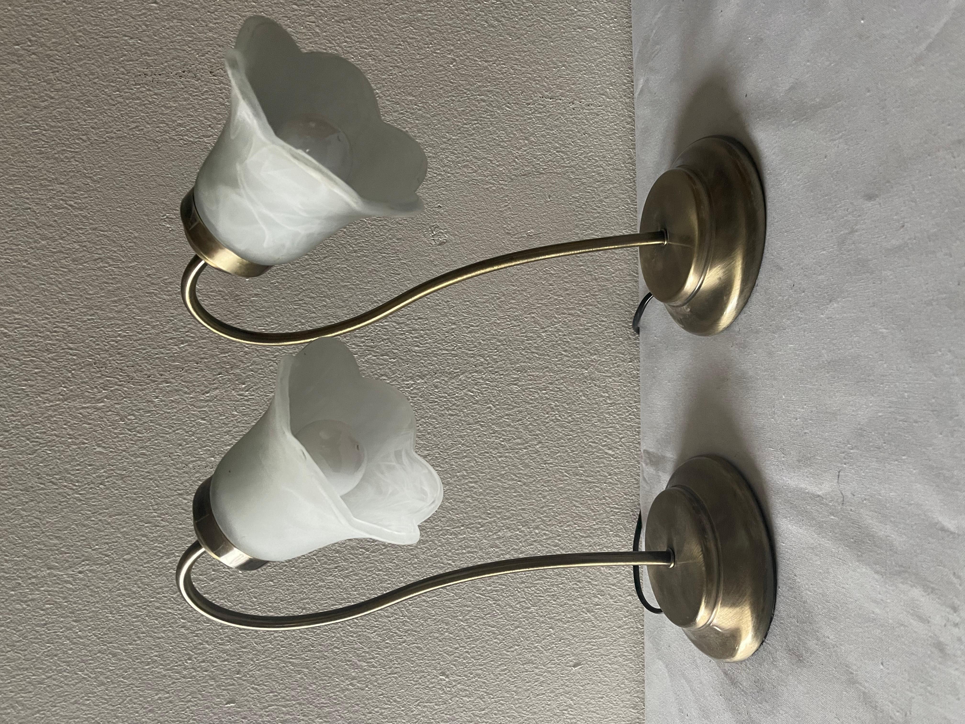 Bella coppia di lampade da tavolo in vetro stile tulip italiano degli anni '80 Latón en venta