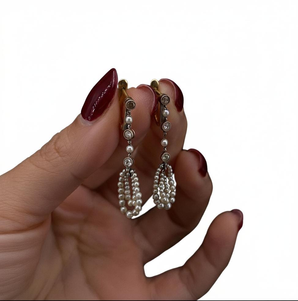 Belle Époque Bella Epoque 18kt Gold Earrings with Natural Micro Pearls & Diamonds in vendita