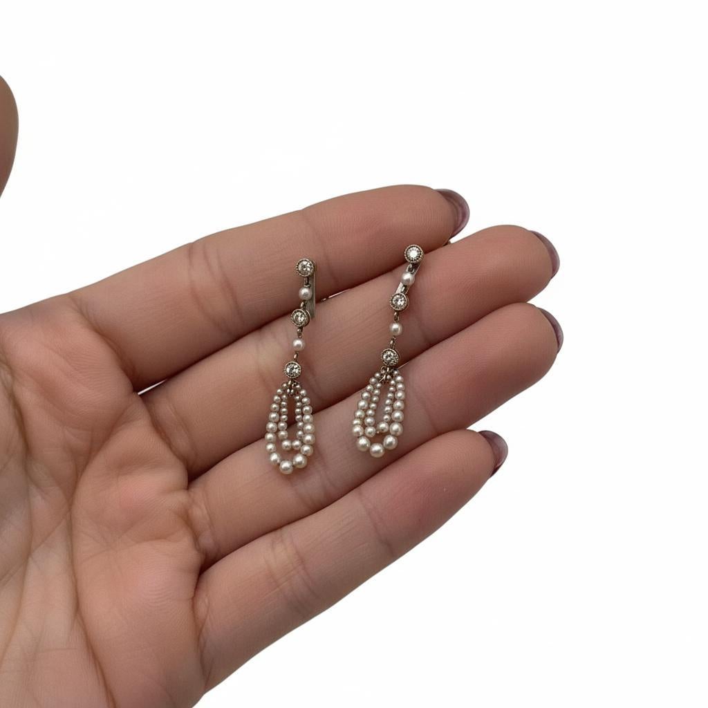 Taglio vecchia miniera Bella Epoque 18kt Gold Earrings with Natural Micro Pearls & Diamonds in vendita