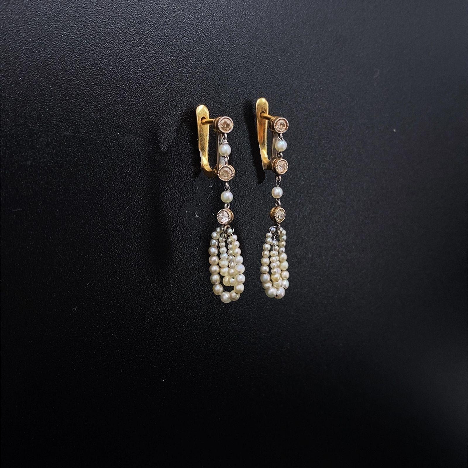 Bella Epoque 18kt Gold Earrings with Natural Micro Pearls & Diamonds In condizioni buone in vendita a Aventura, FL