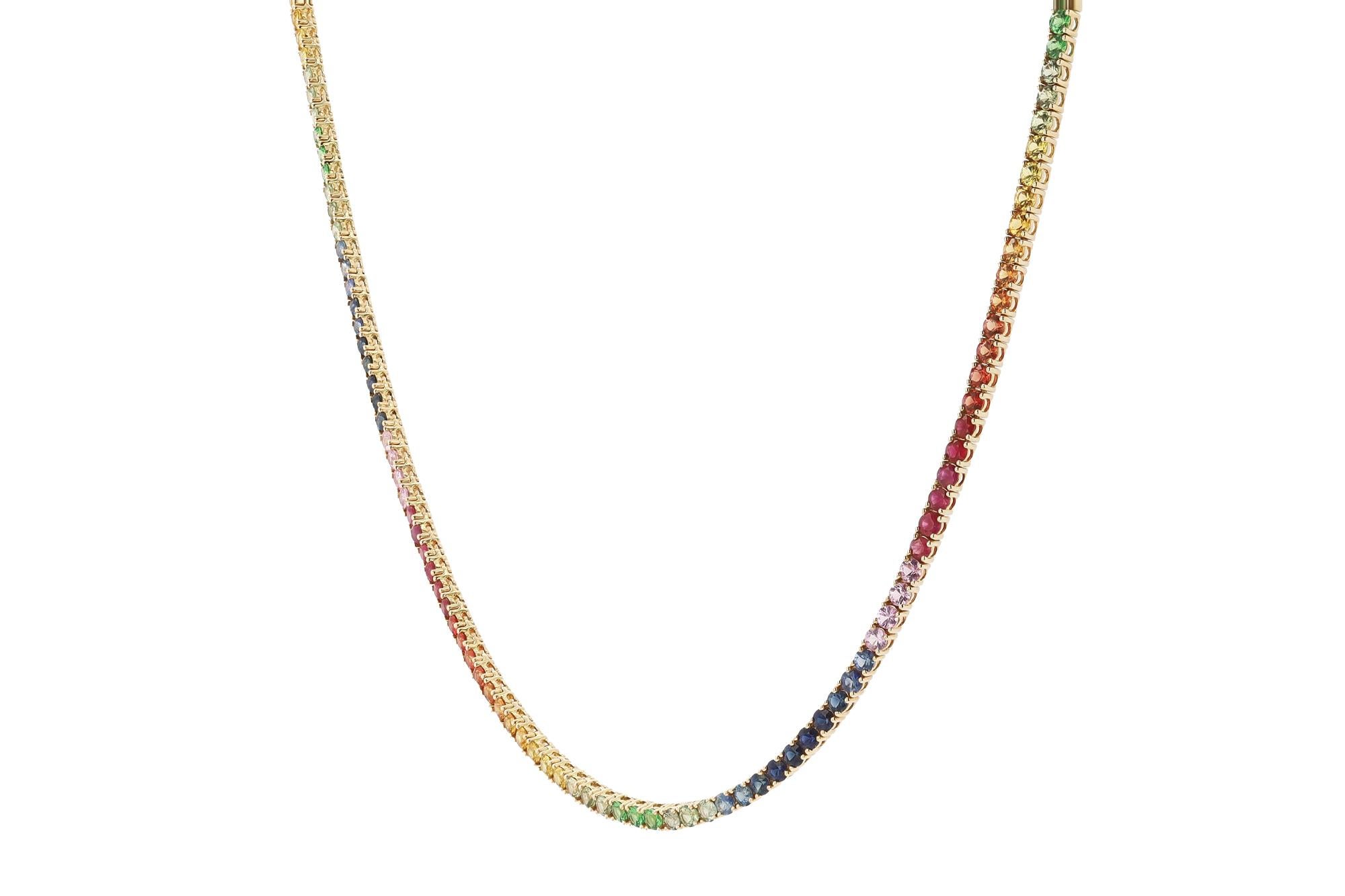 Round Cut Bella Rosa Jewelers 14.60 Carat Multi Color Sapphire Rainbow Riviera Necklace For Sale