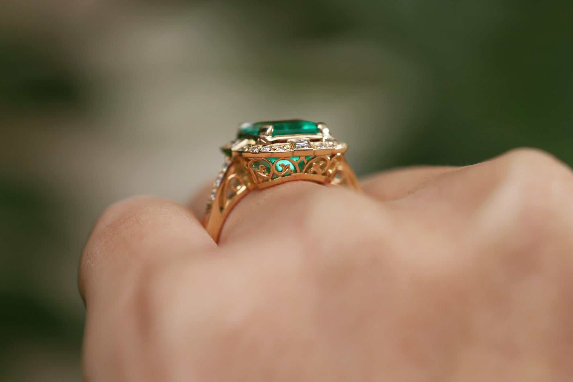 Octagon Cut Bella Rosa Jewelers GIA Certified Colombian Emerald Art Deco Style Ring For Sale