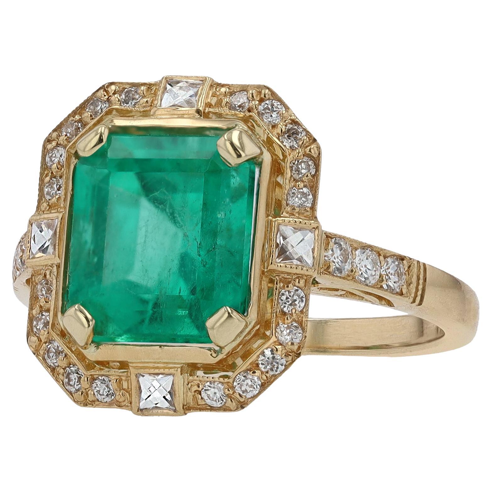 Bella Rosa Jewelers GIA Certified Colombian Emerald Art Deco Revival Ring For Sale