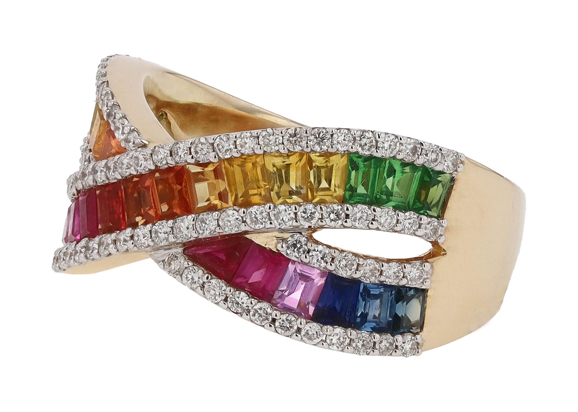 Bella Rosa Jewelers Multicolor Regenbogen Saphir Crossover breiter Ehering (Smaragdschliff) im Angebot