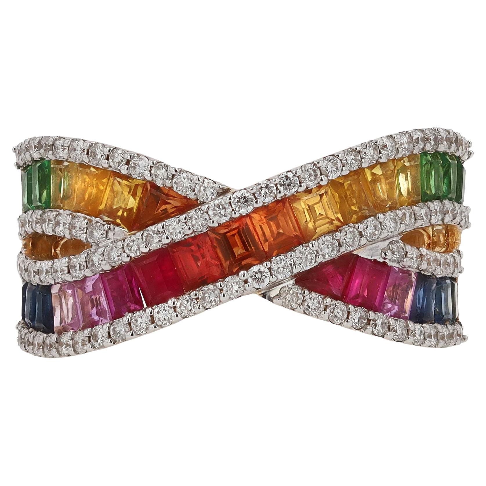 Bella Rosa Jewelers Multicolor Rainbow Sapphire Crossover Wide Wedding Band For Sale