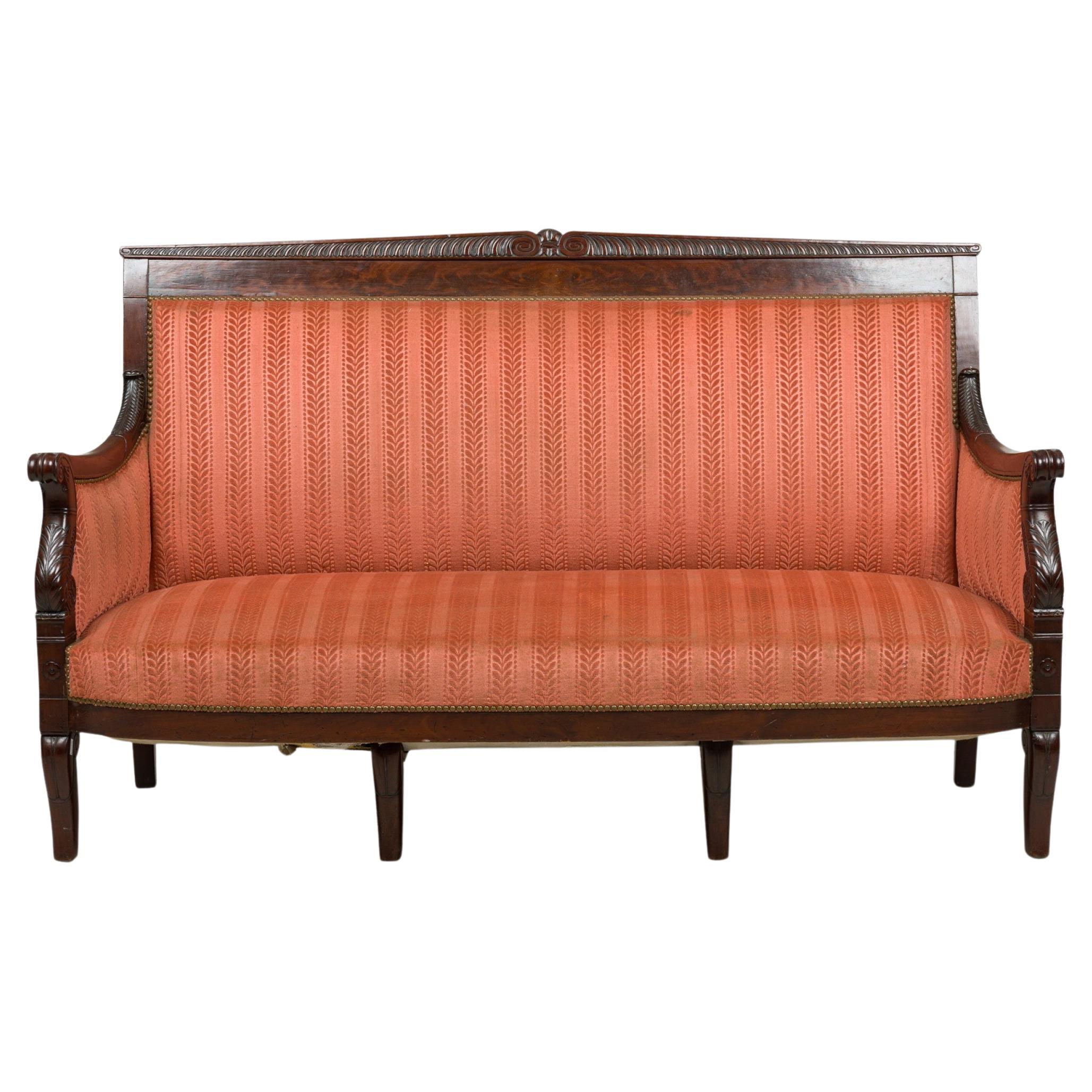 Bellanger French Empire Mahogany Pink and Red Stripe Upholstered Settee For Sale
