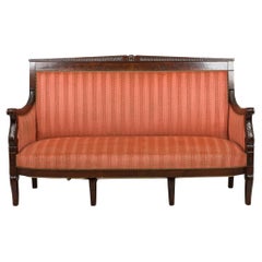 Bellanger French Empire Mahogany Pink and Red Stripe Upholstered Settee