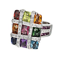 Bellari 4.94 Carat Multi-Color Gemstone Diamond White Gold Mosaic Cocktail Ring