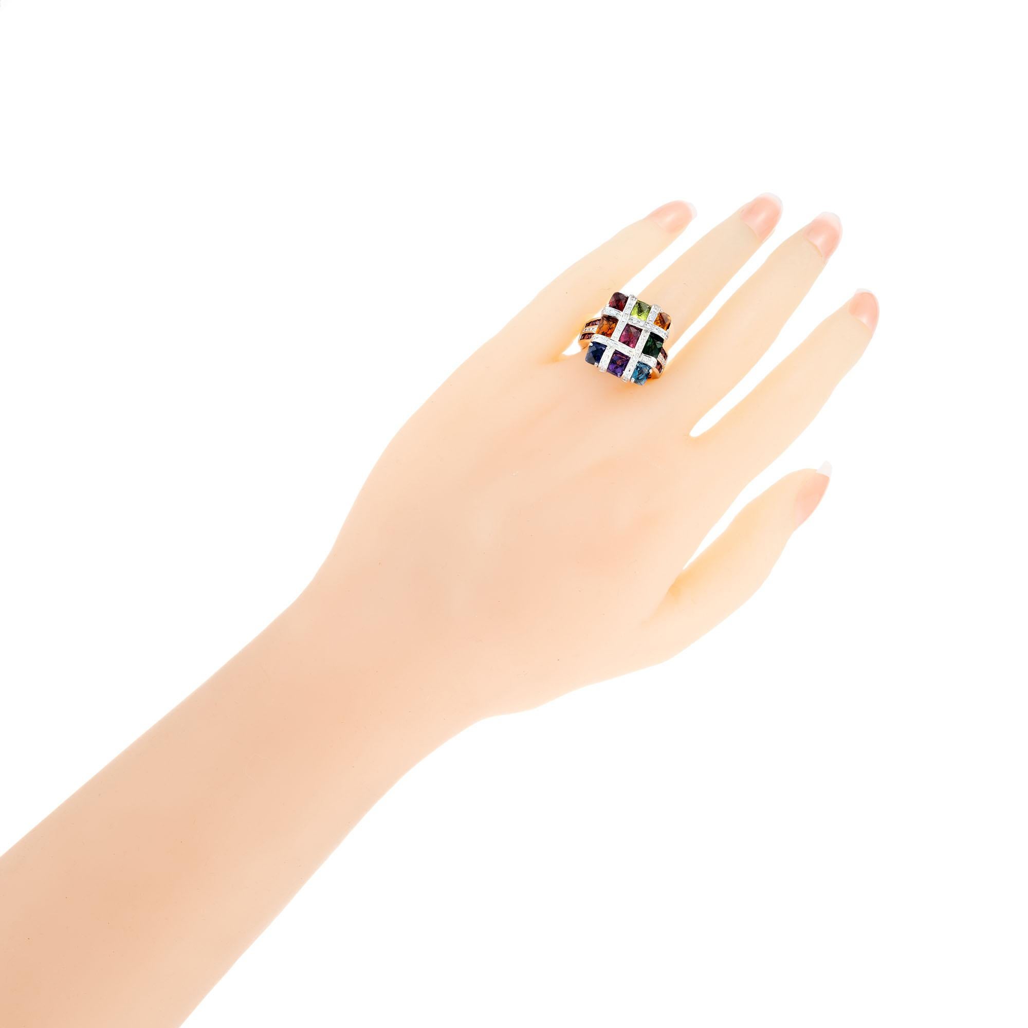Round Cut Bellari 4.94 Carat Multi-Color Gemstone Diamond White Gold Mosaic Cocktail Ring