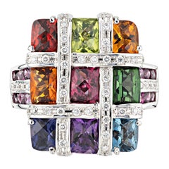 Bellari 4.94 Carat Multi-Color Gemstone Diamond White Gold Mosaic Cocktail Ring