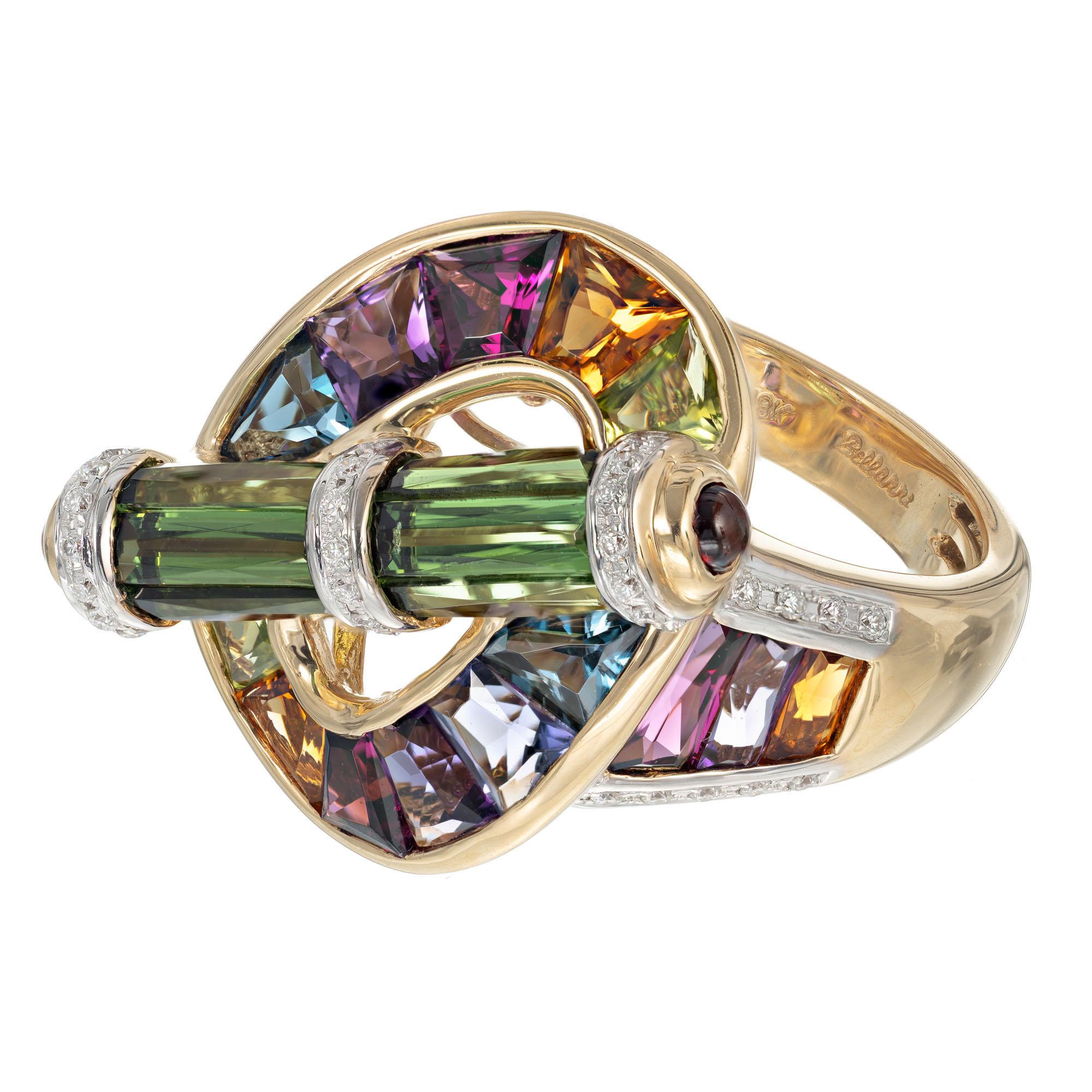 Bellari tourmaline, diamond and multi-color gemstone cocktail ring in an 18k yellow gold setting. 

59 round full cut diamonds H VS, approx. .20cts
6 fancy Cut green tourmaline VS, approx. 1.87cts
19 fancy cut multi-color gemstones approx. 4.00