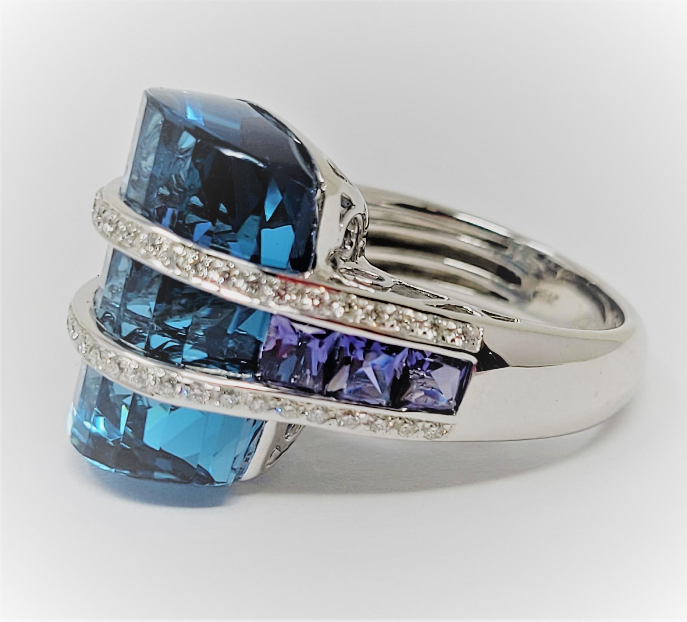 Modern Bellarri Blue Topaz Iolite Diamond Ring in 18 Karat White Gold