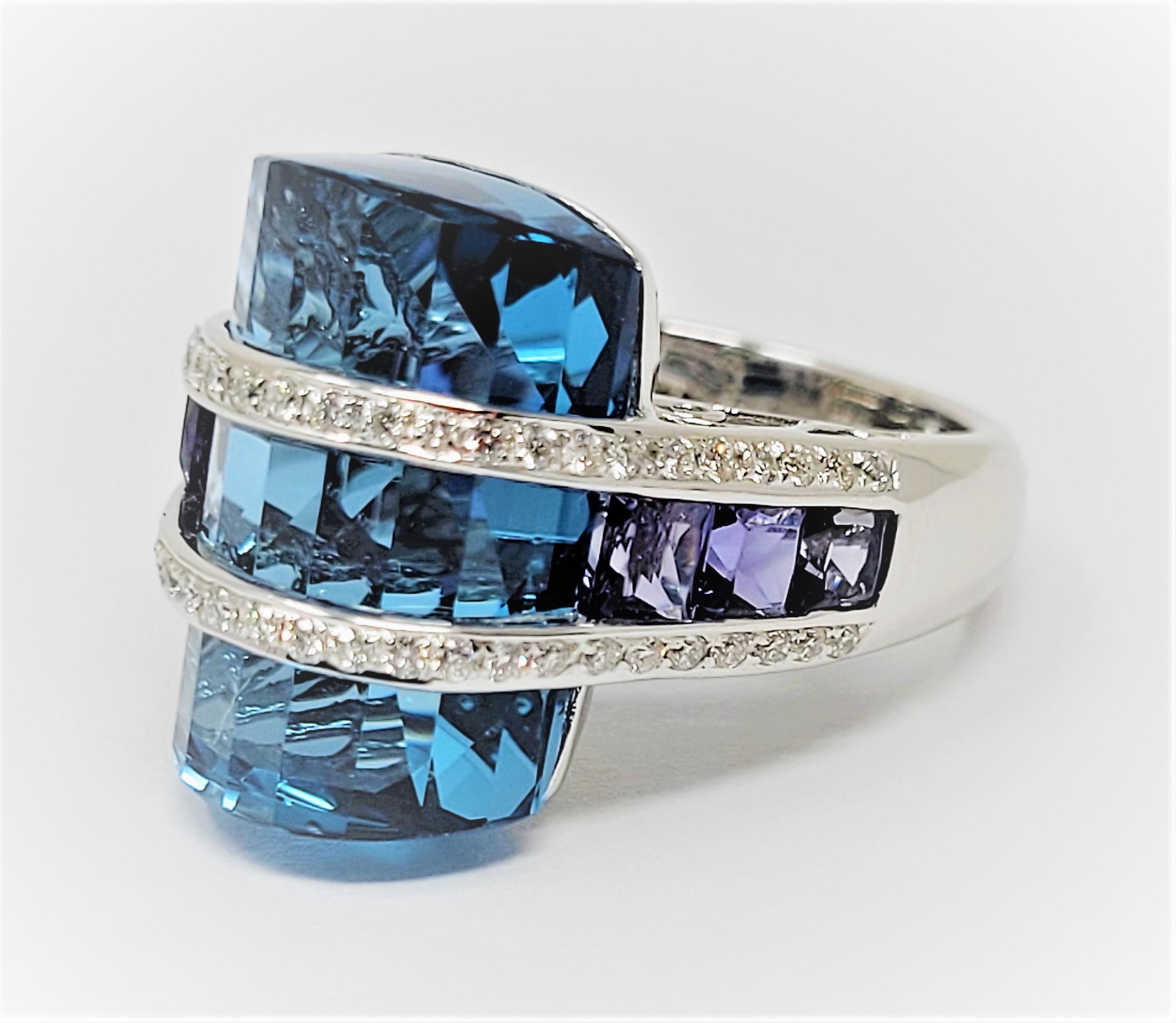 Mixed Cut Bellarri Blue Topaz Iolite Diamond Ring in 18 Karat White Gold