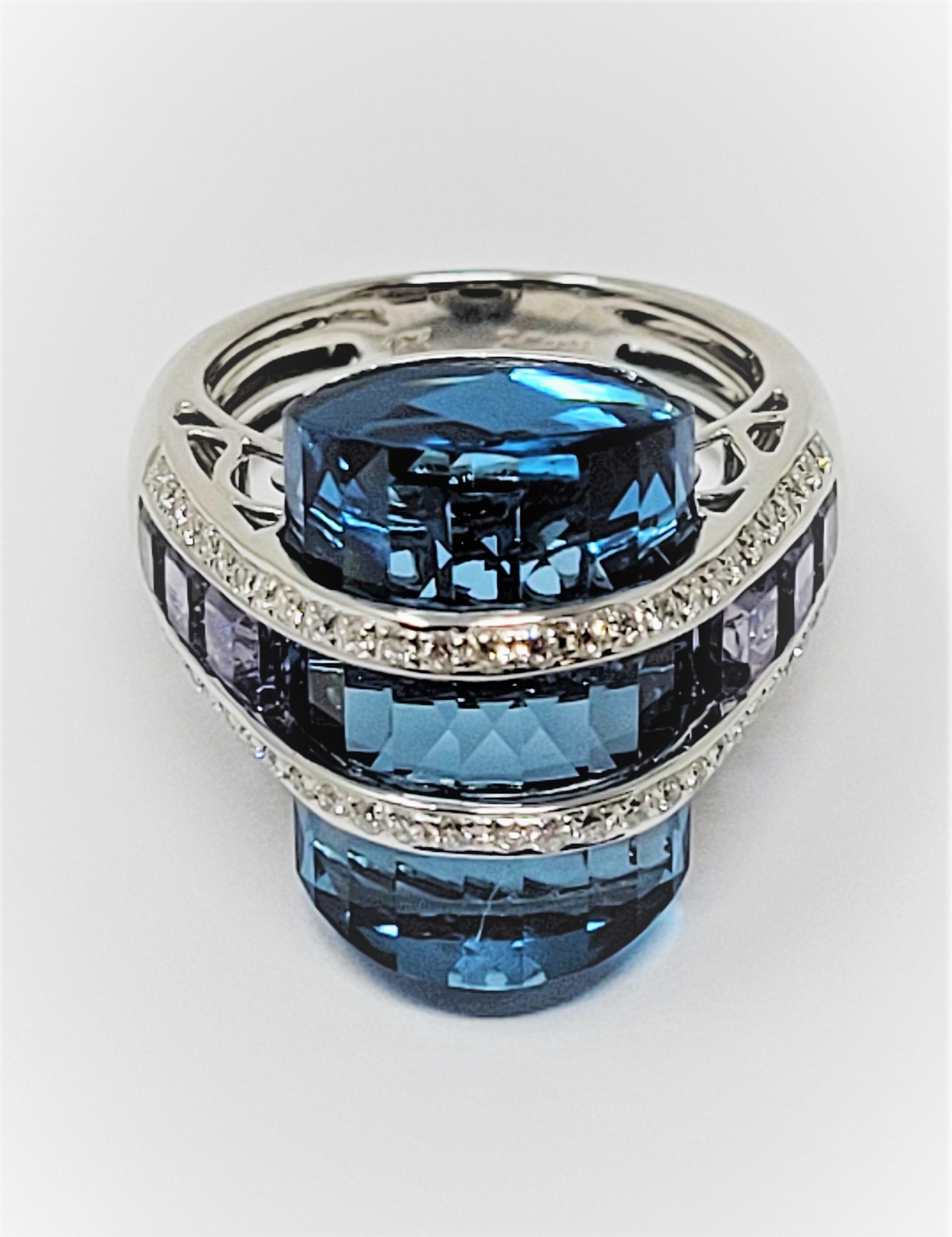 Bellarri Blue Topaz Iolite Diamond Ring in 18 Karat White Gold In Good Condition In Dallas, TX