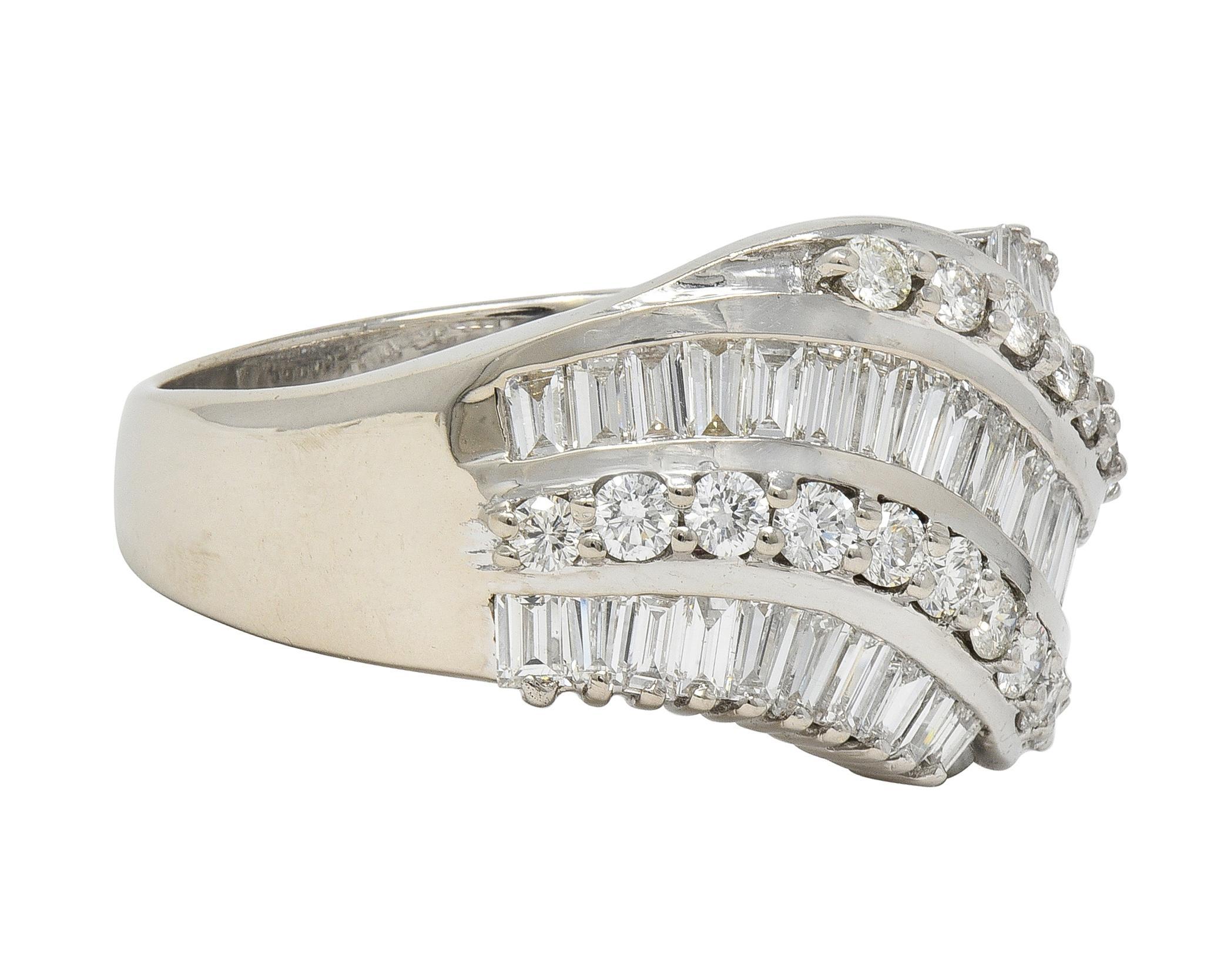 Baguette Cut Bellari Contemporary 2.20 CTW Diamond 18K White Gold Twist Multi-Row Band Ring For Sale