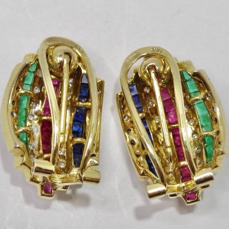 Square Cut Bellari Diamond, Emerald, Ruby and Sapphire Earrings For Sale