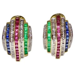 Vintage Bellari Diamond, Emerald, Ruby and Sapphire Earrings