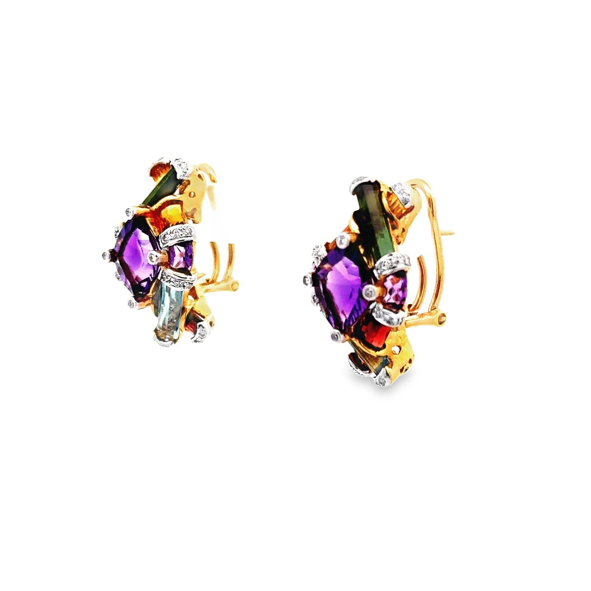 Cushion Cut Bellari Diamond Multi-Color Gemstone 18k Yellow Gold Earrings