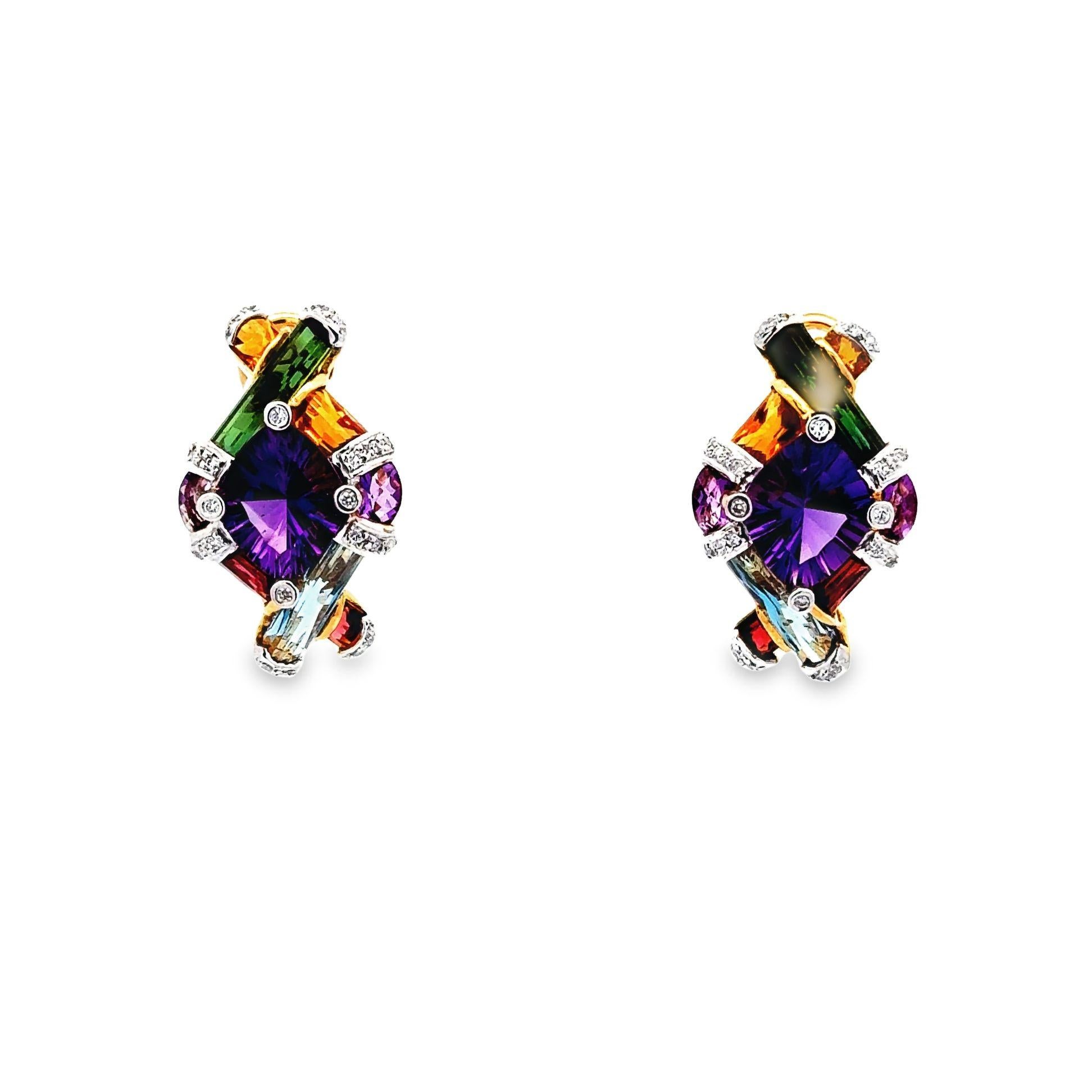 Bellari Diamond Multi-Color Gemstone 18k Yellow Gold Earrings In New Condition For Sale In Beverly Hills, CA