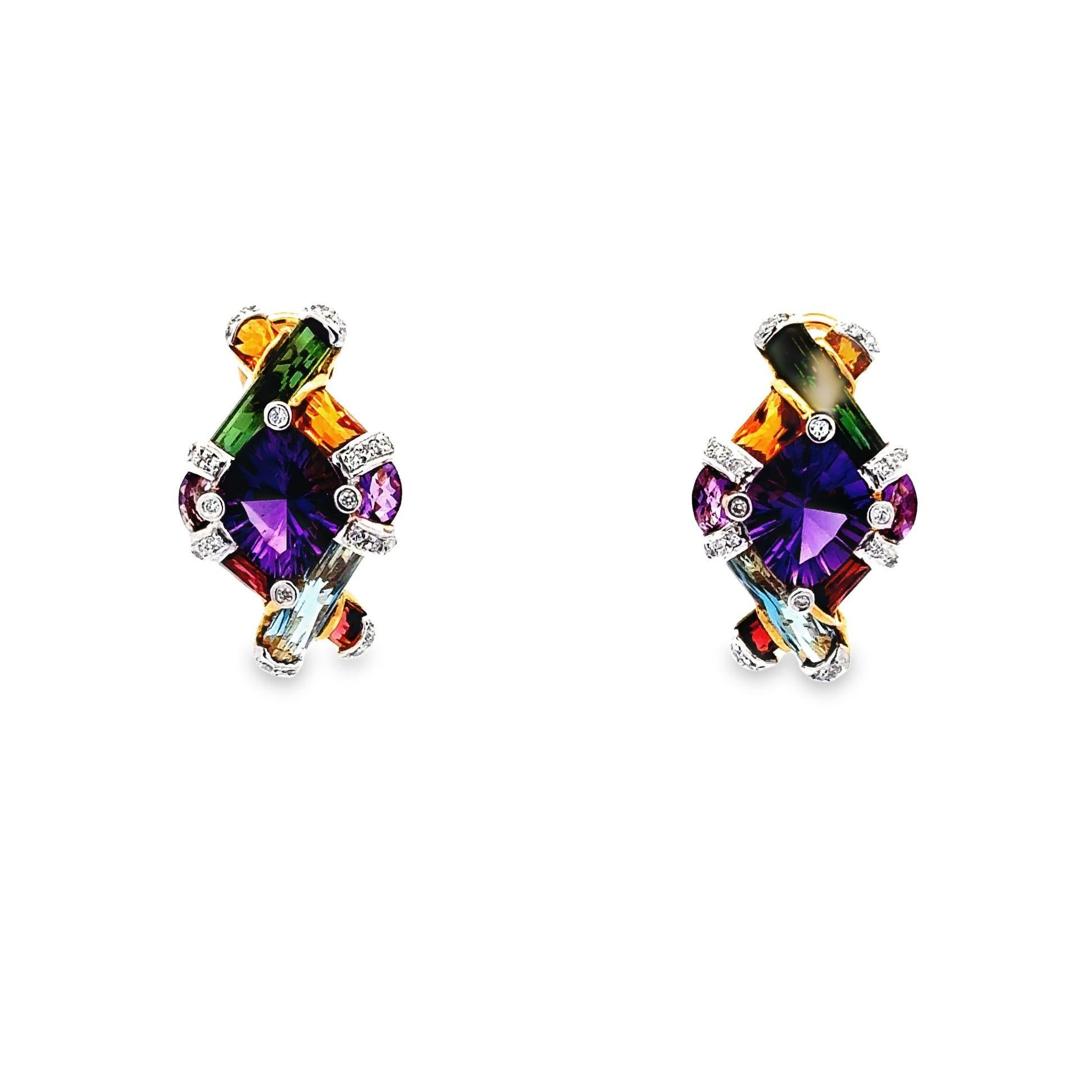 Bellari Diamond Multi-Color Gemstone 18k Yellow Gold Earrings In New Condition In Beverly Hills, CA