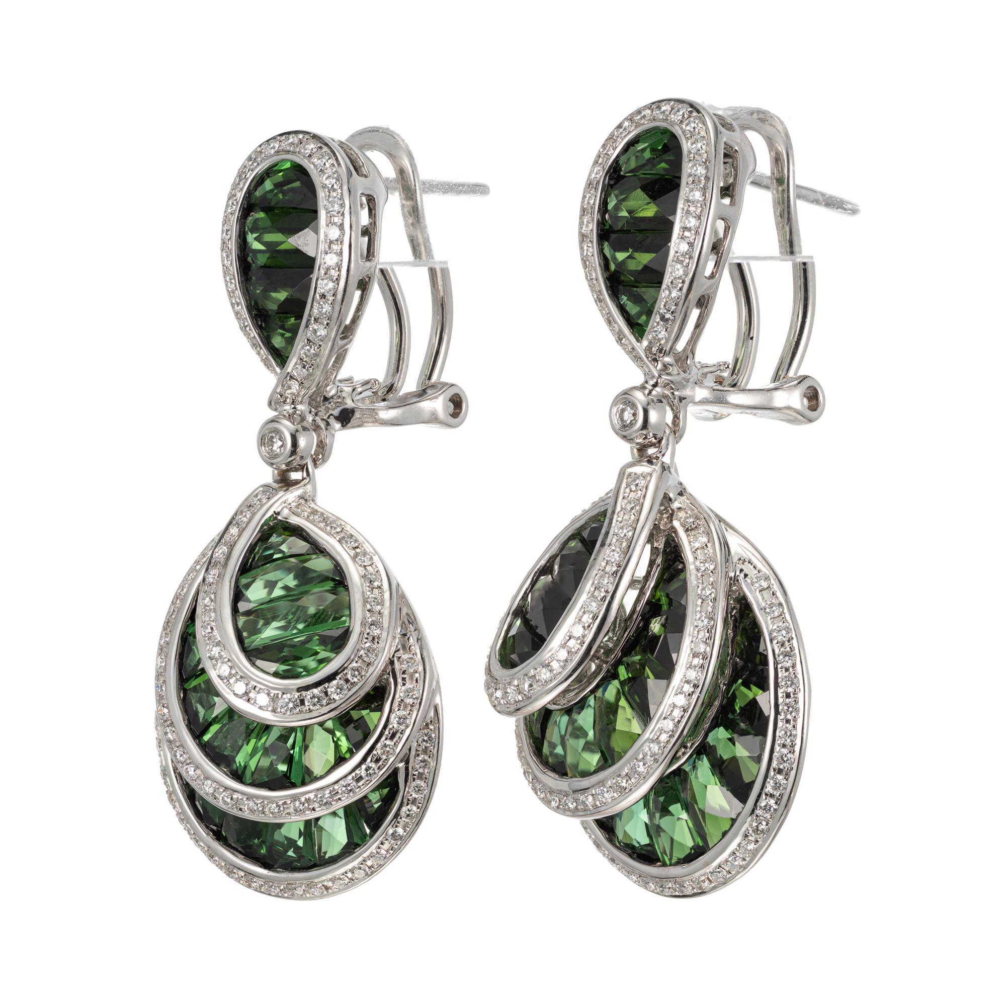 Bellari tourmaline and diamond dangle earrings. Green tourmaline round diamonds in a 18k white gold settings. Clip and post dangle style from the Le Bouquet Collection. 

46 fancy green tourmaline VS, approx. 7.50cts
194 round diamonds G VS, approx.