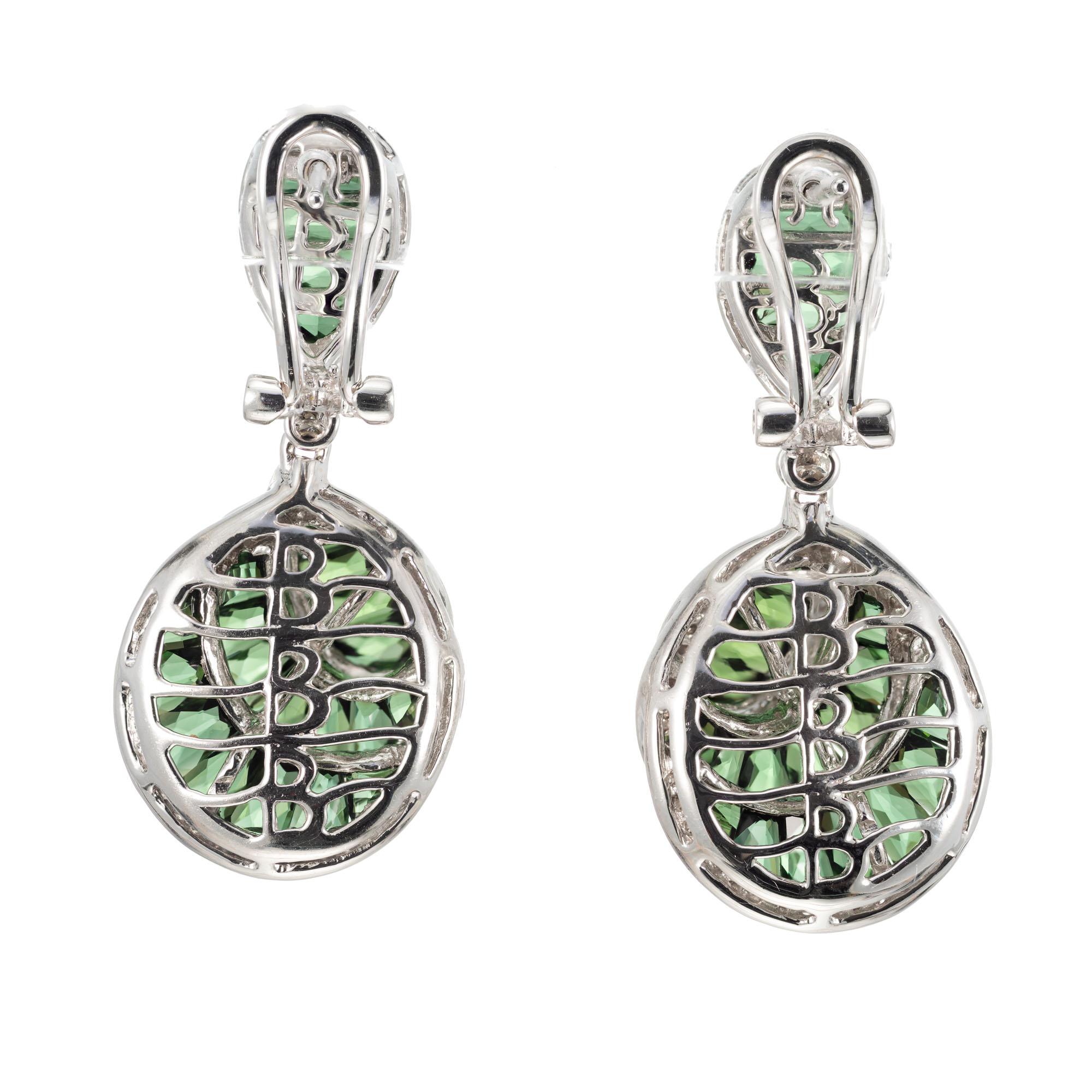 Round Cut Bellari Le Bouquet 7.50 Carat Green Tourmaline Diamond Gold Dangle Earrings For Sale