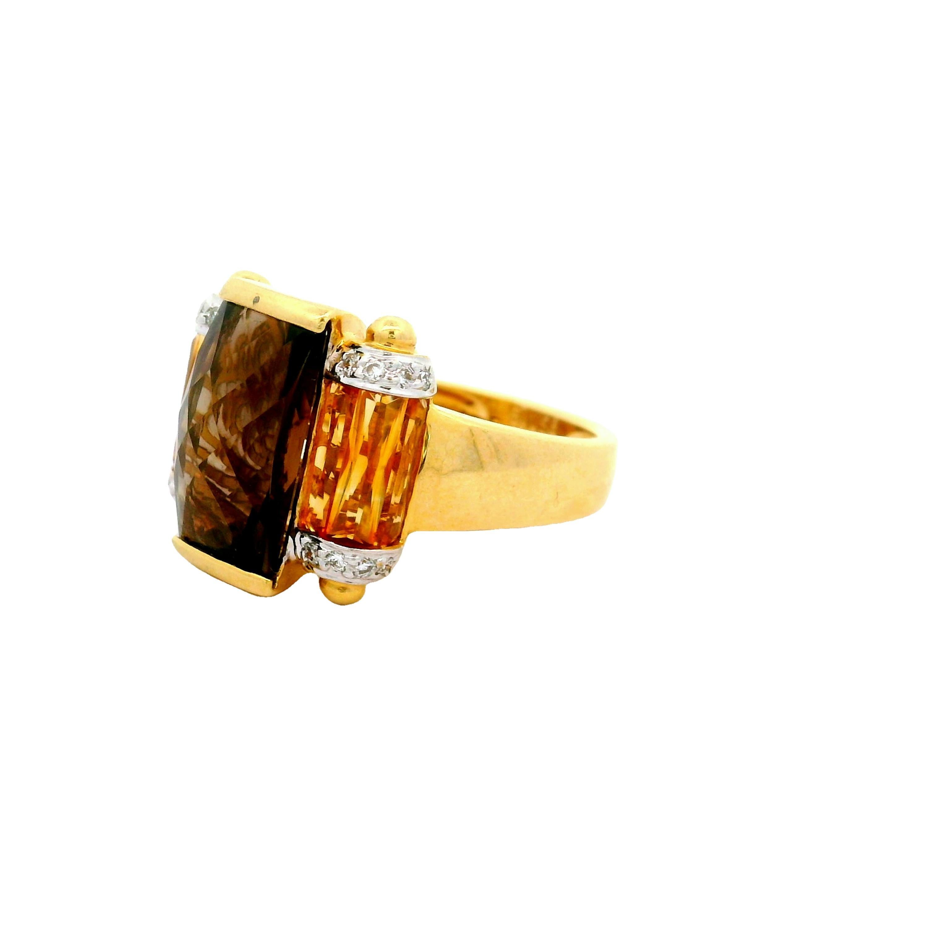 Taille rose Bellari, bague en or jaune 18 carats, quartz fumé, citrine et diamant en vente