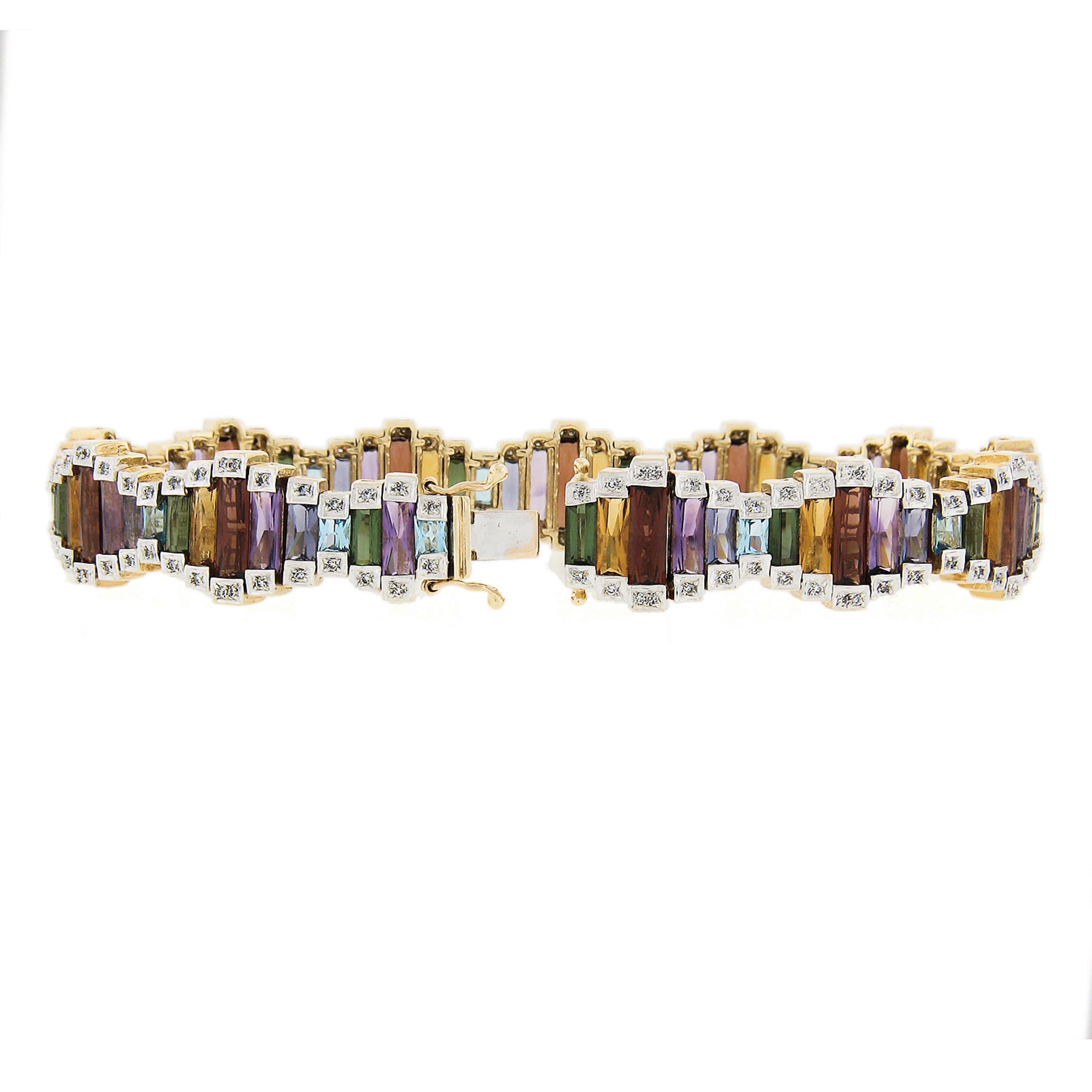 Women's Bellarri 14k Two Tone Gold Diamond Ultimate Color Gemstones Wavy Line Bracelet For Sale