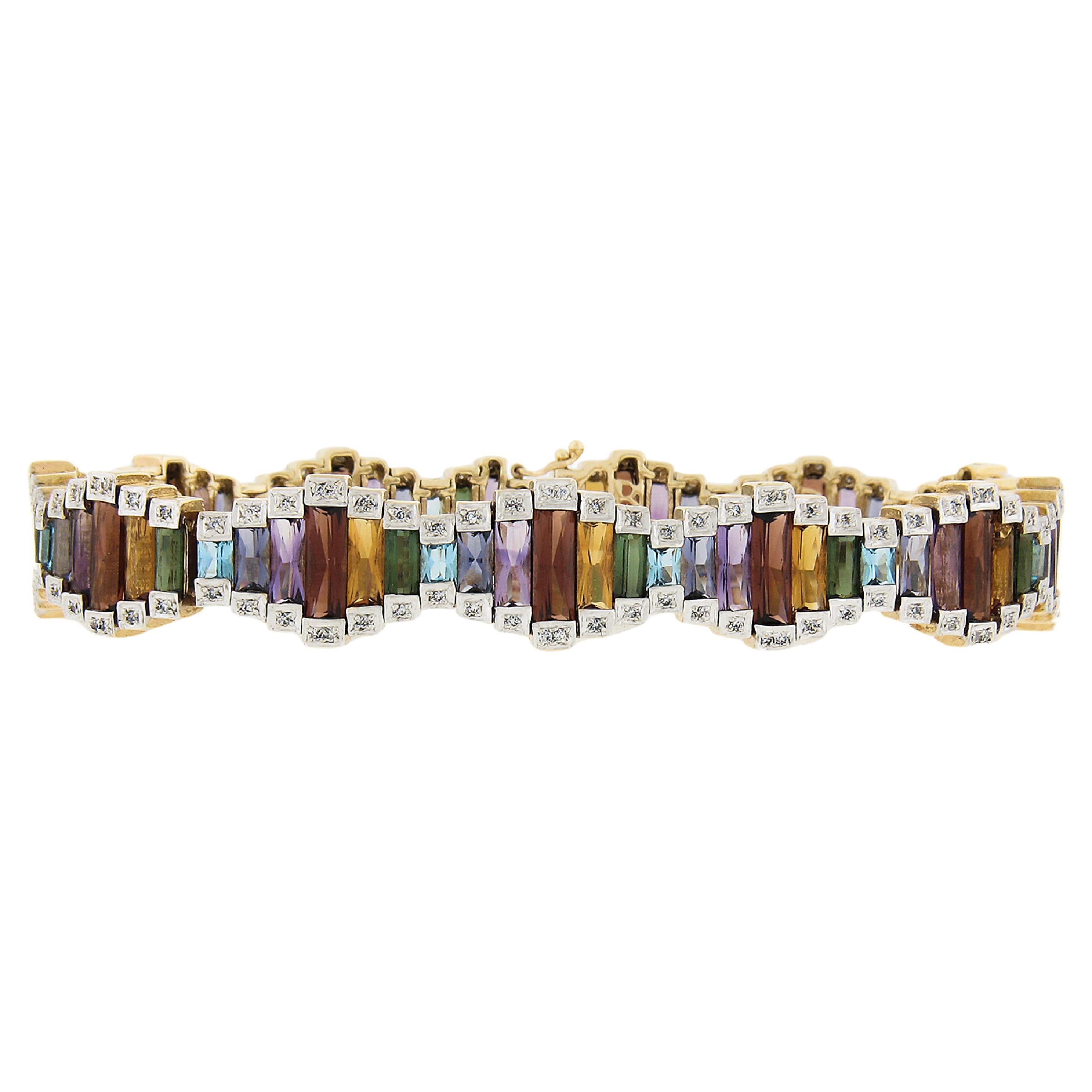 Bellarri 14k Two Tone Gold Diamond Ultimate Color Gemstones Wavy Line Bracelet For Sale