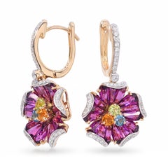 Bellarri 14k Yellow Gold Multi-Gemstone and Diamond Floral Hoop Dangle Earrings