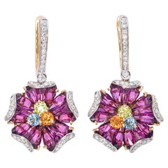 Bellarri 14k Yellow Gold Multi-Gemstone and Diamond Floral Hoop Dangle Earrings