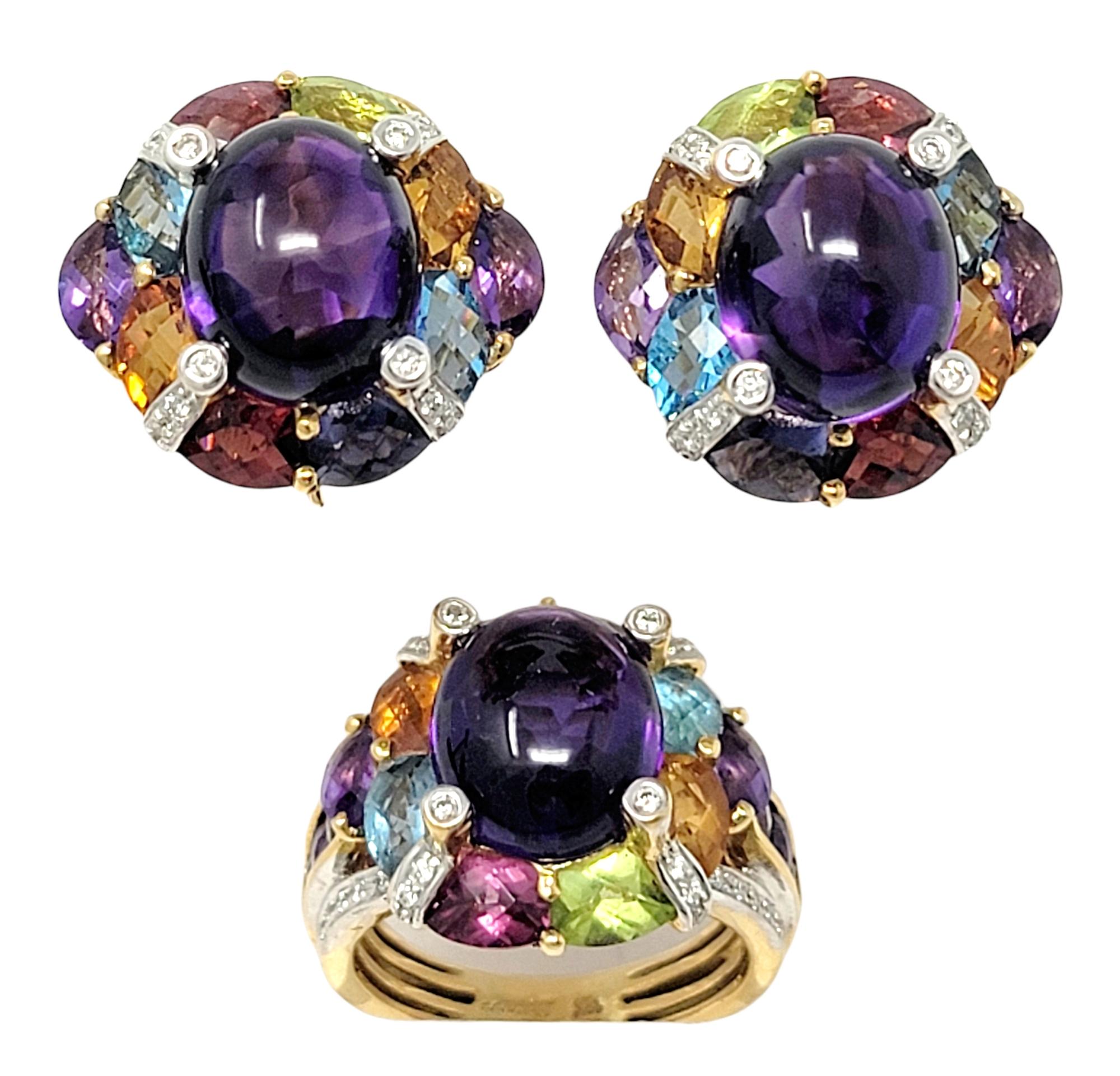 Dress up your whole look with this colorful, bold earring and ring set! Stunning vibrant gemstones fill the near identical pieces, while glittering natural diamonds add a little extra sparkle and shine. At the center of both the ring and earrings