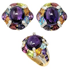 Bellarri 18 Karat Gold Amethyst and Multi-Gemstone Ring and Earring Set