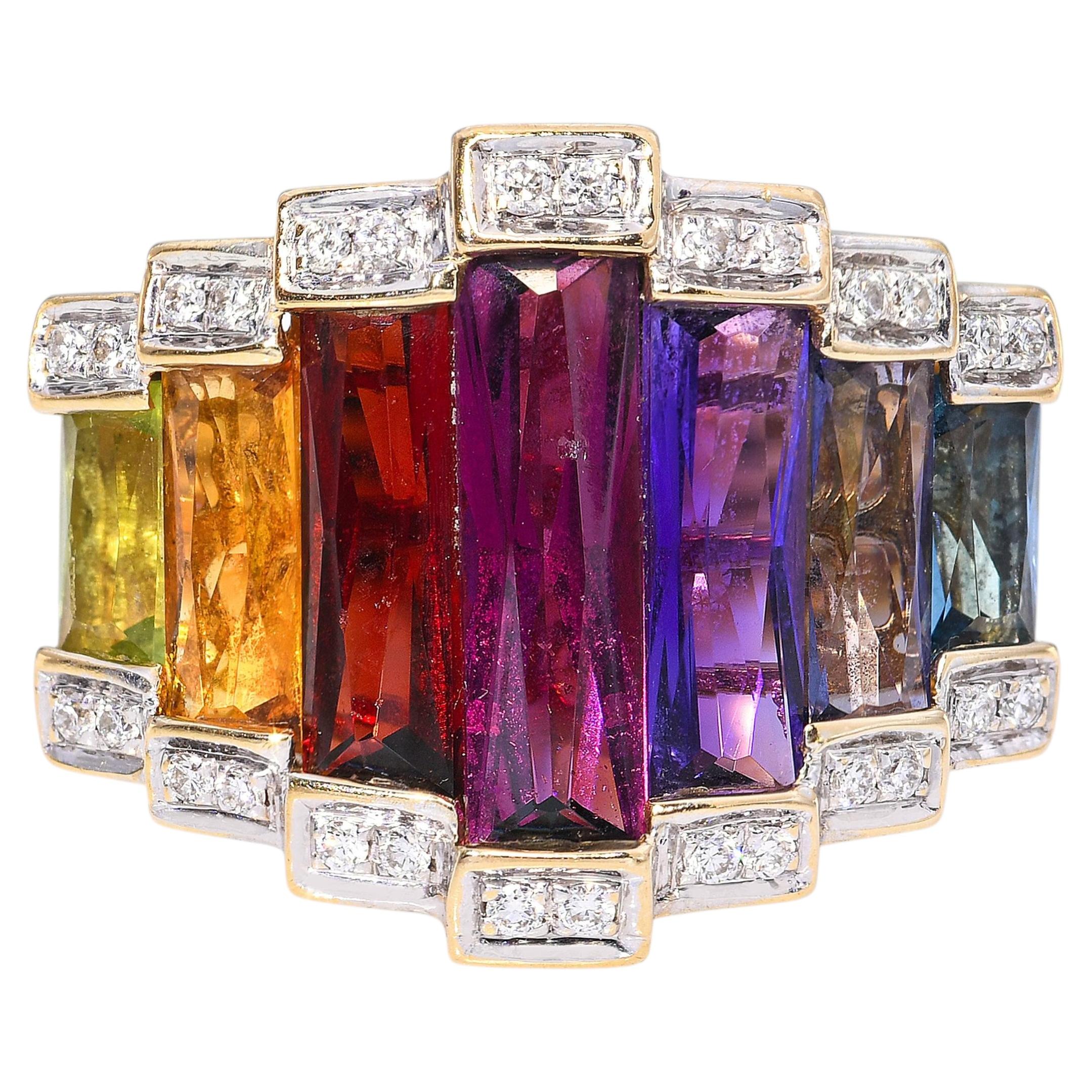 Anello vistoso Bellarri in oro giallo 18k con gemme multicolori assortite e diamanti