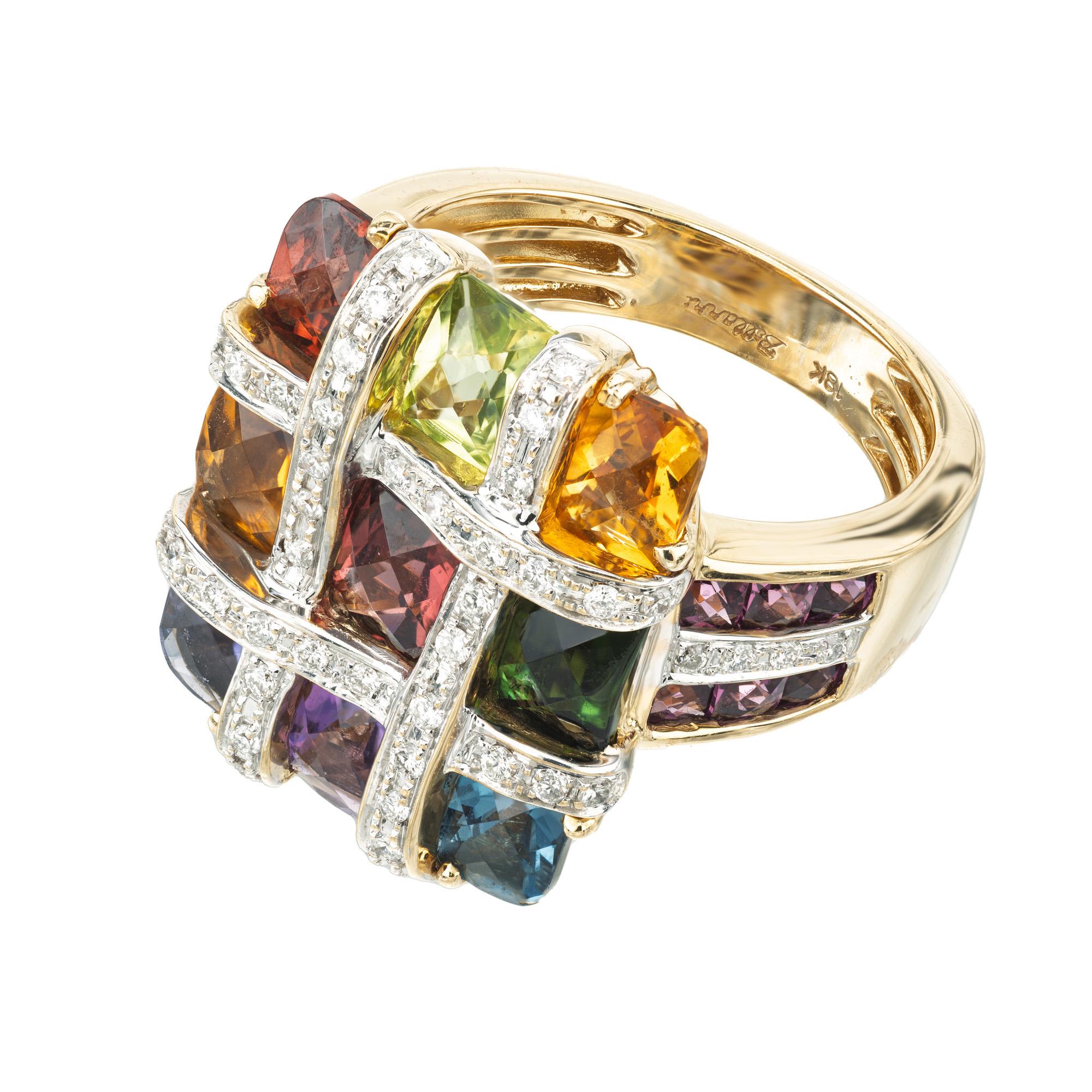 Cushion Cut Bellarri 4.68 Carat Multi-Color Gemstone Diamond Gold Mosaic Cocktail Ring