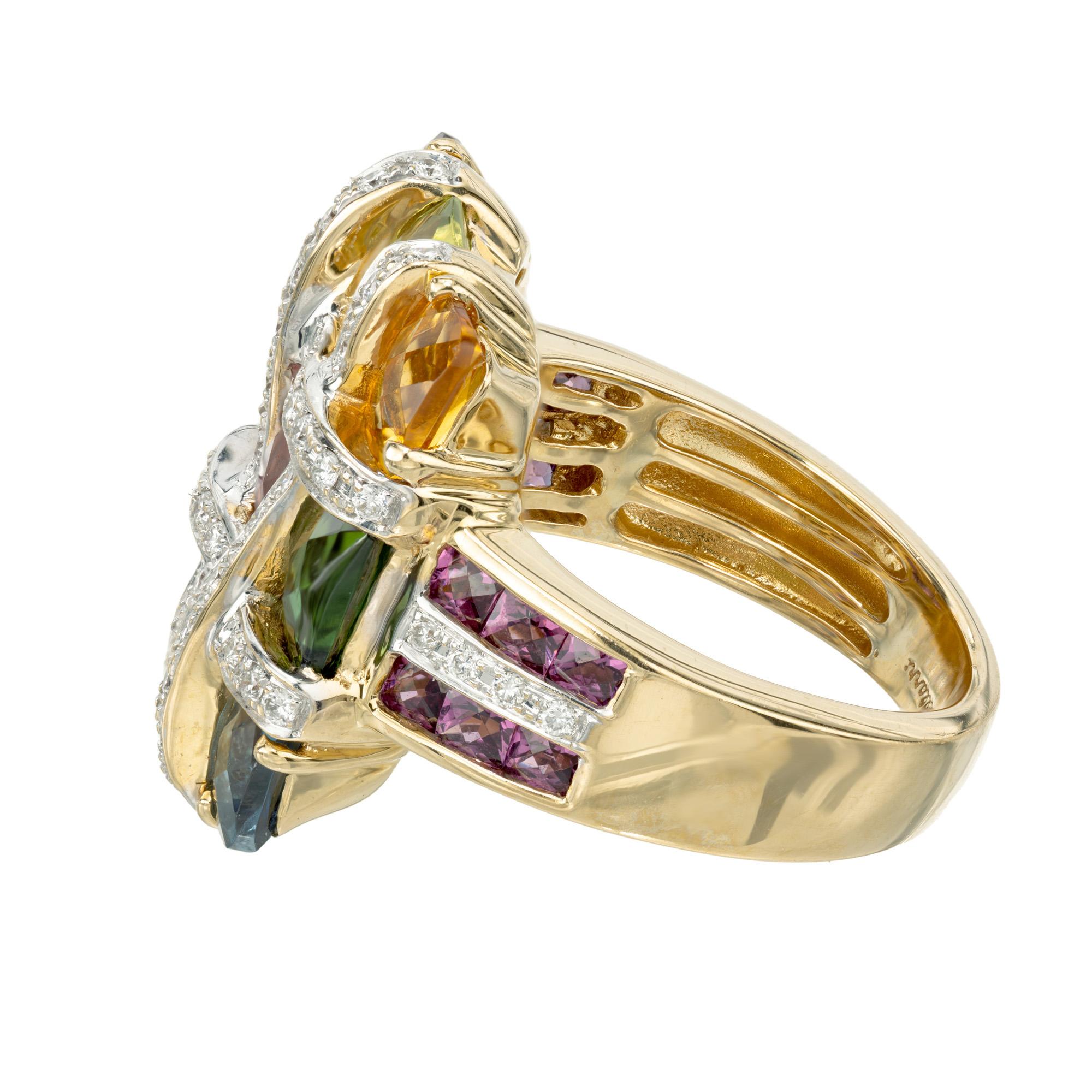 Bellarri 4.68 Carat Multi-Color Gemstone Diamond Gold Mosaic Cocktail Ring In Excellent Condition In Stamford, CT