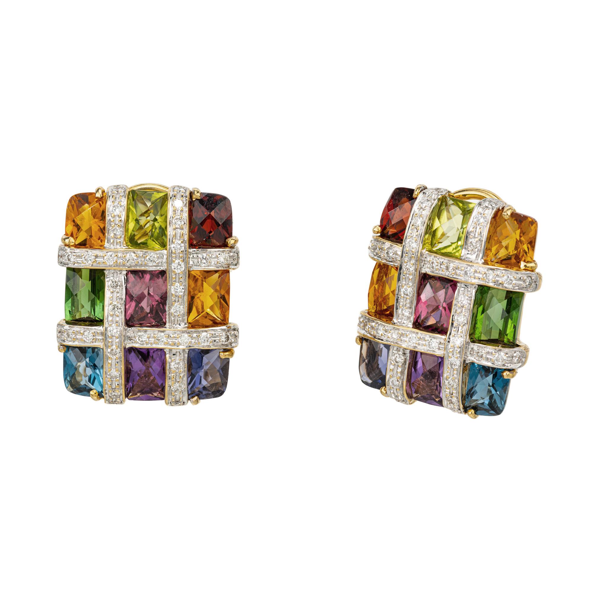 Crafted to captivate, the Bellarri 7.00ct multi-color gemstone and diamond 18k yellow gold tic tac toe Mosaic Collection clip post earrings are a masterpiece of elegance. The vibrant hues of the amethyst, topaz, citrine, Iolite, tourmaline, garnet