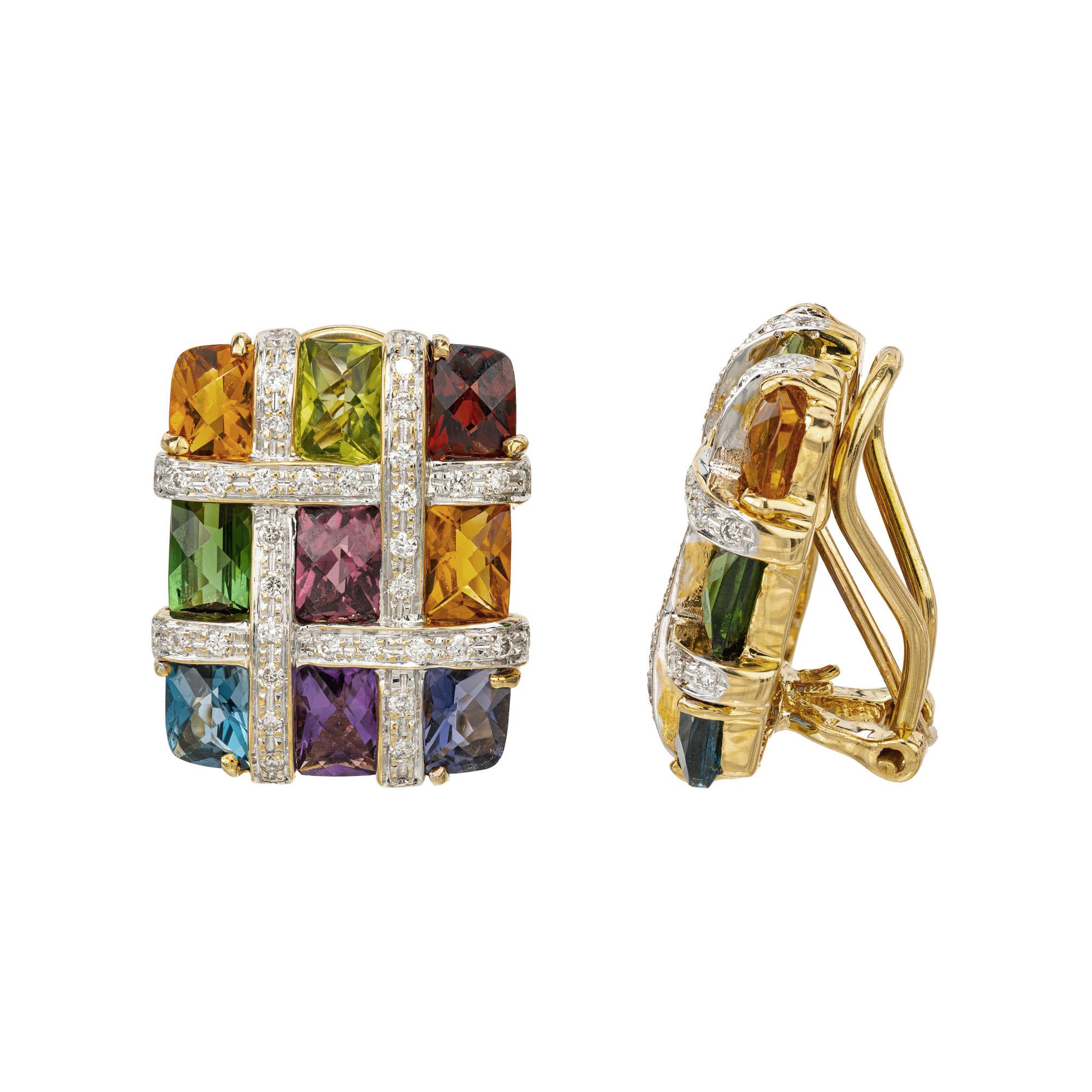Round Cut Bellarri 7.00 Carat Multi-Color Gemstone Diamond Yellow Gold Mosaic Earrings