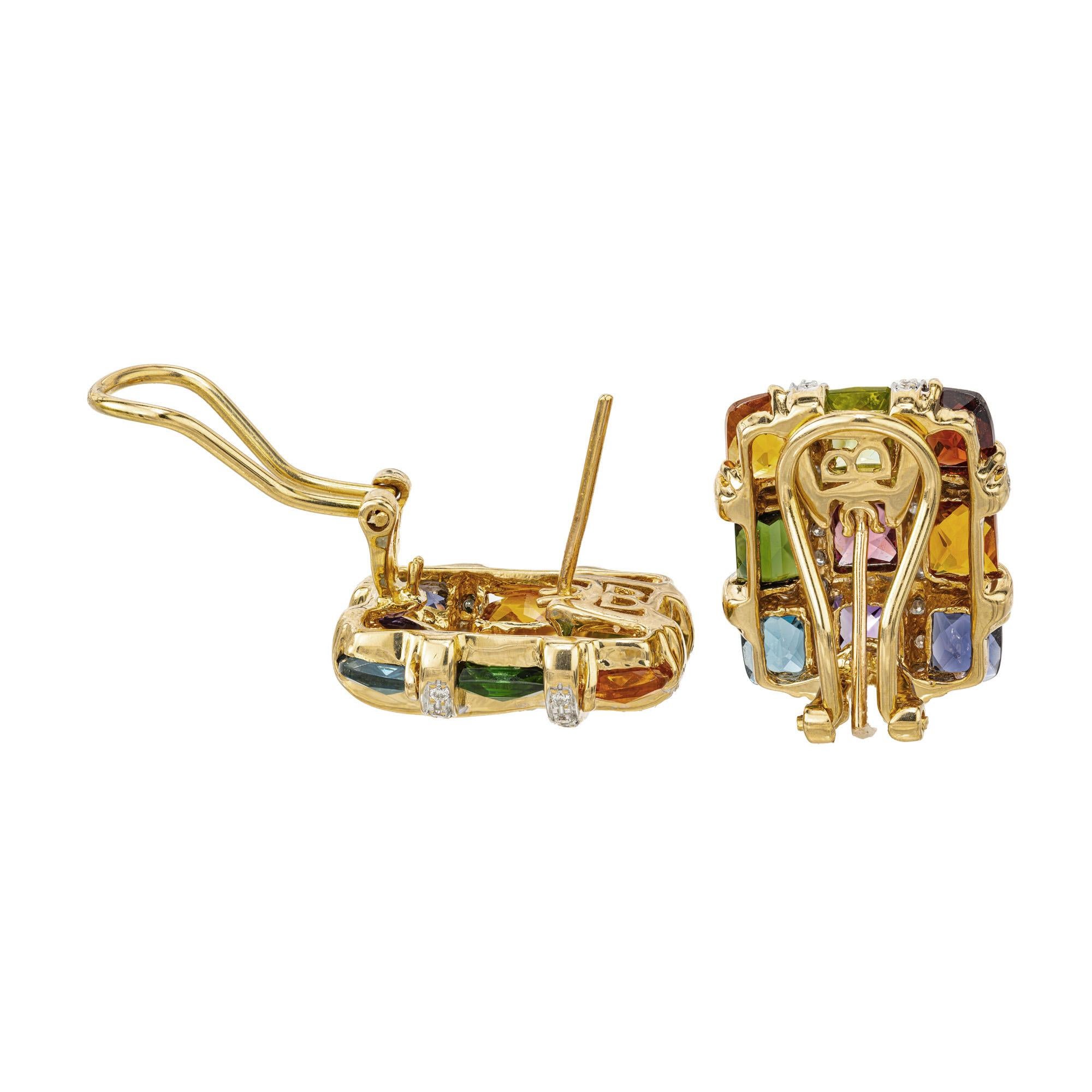 Bellarri 7.00 Carat Multi-Color Gemstone Diamond Yellow Gold Mosaic Earrings In Excellent Condition In Stamford, CT