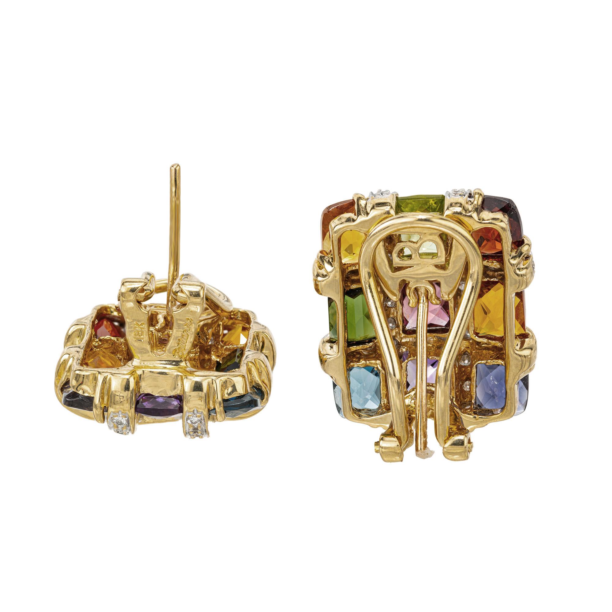 Women's Bellarri 7.00 Carat Multi-Color Gemstone Diamond Yellow Gold Mosaic Earrings
