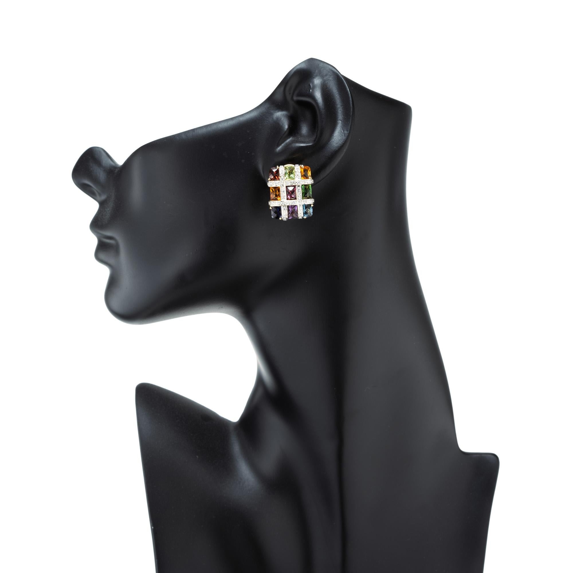 Bellarri 7.00 Carat Multi-Color Gemstone Diamond Yellow Gold Mosaic Earrings 2