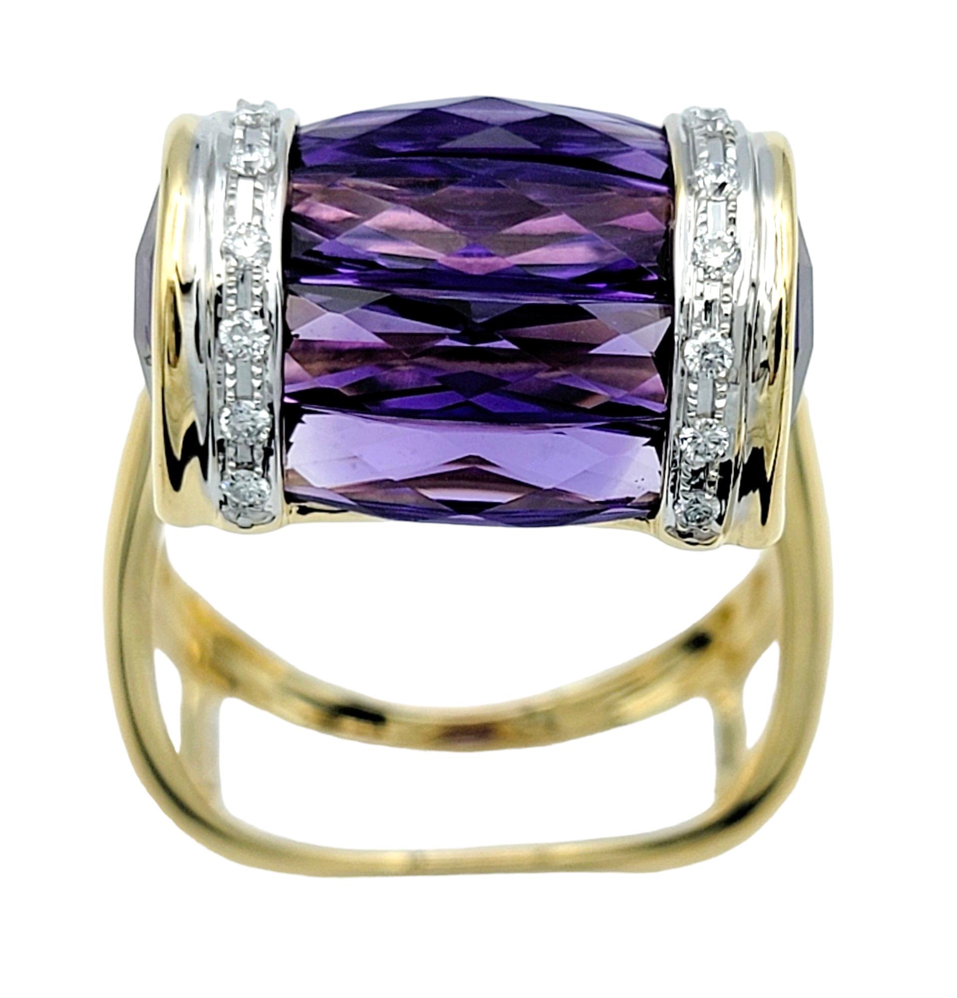 Ring Size: 7.75

This stunning Bellarri cocktail ring is a dazzling masterpiece crafted in 18 karat yellow and white gold. At its center, six gorgeous purple cushion cut amethyst stones are stacked together, creating a captivating focal point.