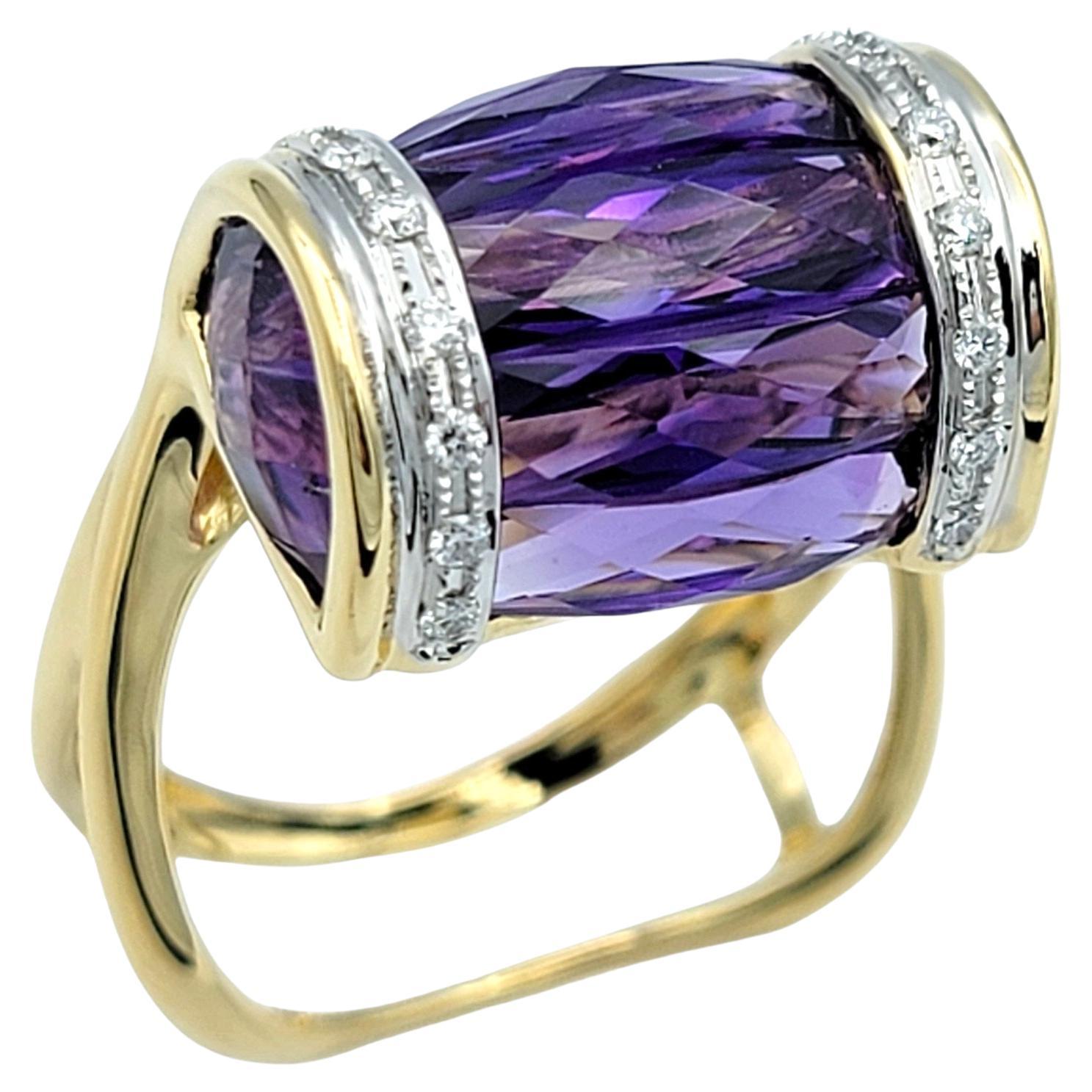 Bellarri Amethyst and Diamond Asymmetrical Cocktail Ring in 18 Karat Yellow Gold For Sale