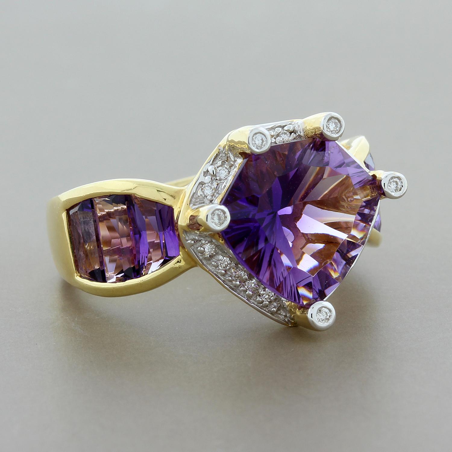 A Bellarri original, this piece features a fantasy cut amethyst center stone haloed by 0.08 carats of round cut diamonds. The shoulders of the ring are set with baguette cut amethyst, which total 5.89 carats including the center stone. Set in 18K