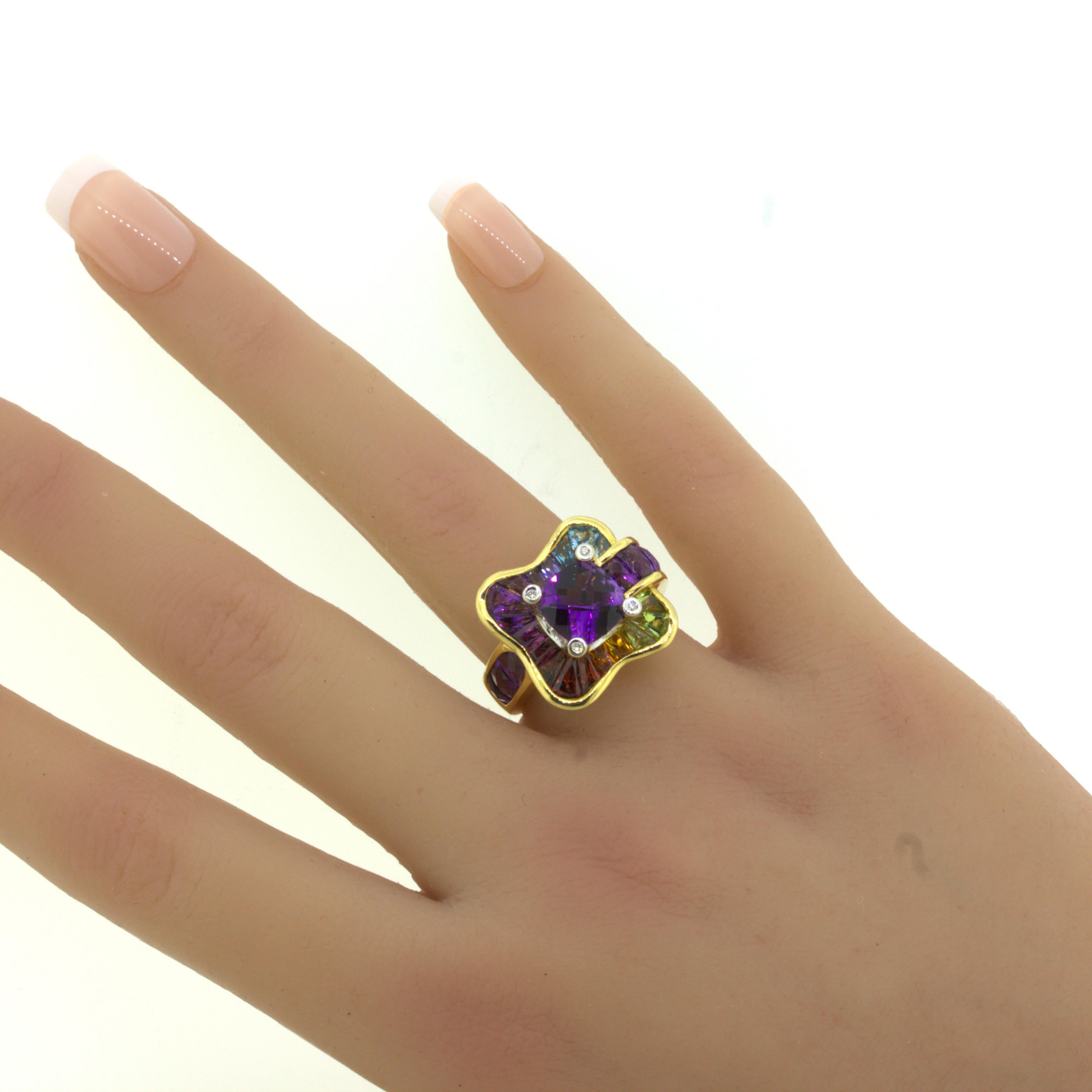 Bellarri Amethyst Diamond Multi-Color Gemstone 18k Yellow Gold Ring For Sale 5