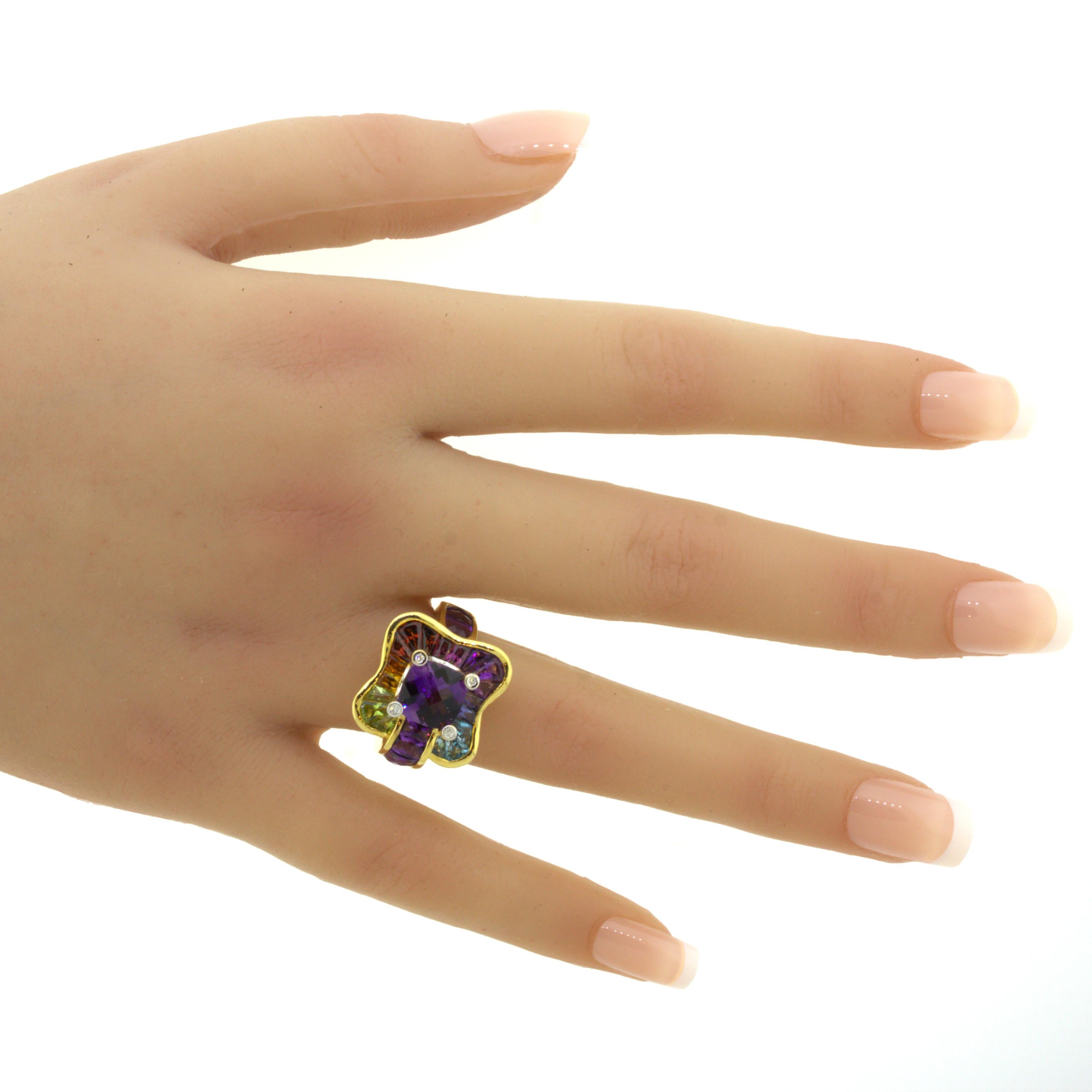 Bellarri Amethyst Diamond Multi-Color Gemstone 18k Yellow Gold Ring For Sale 8