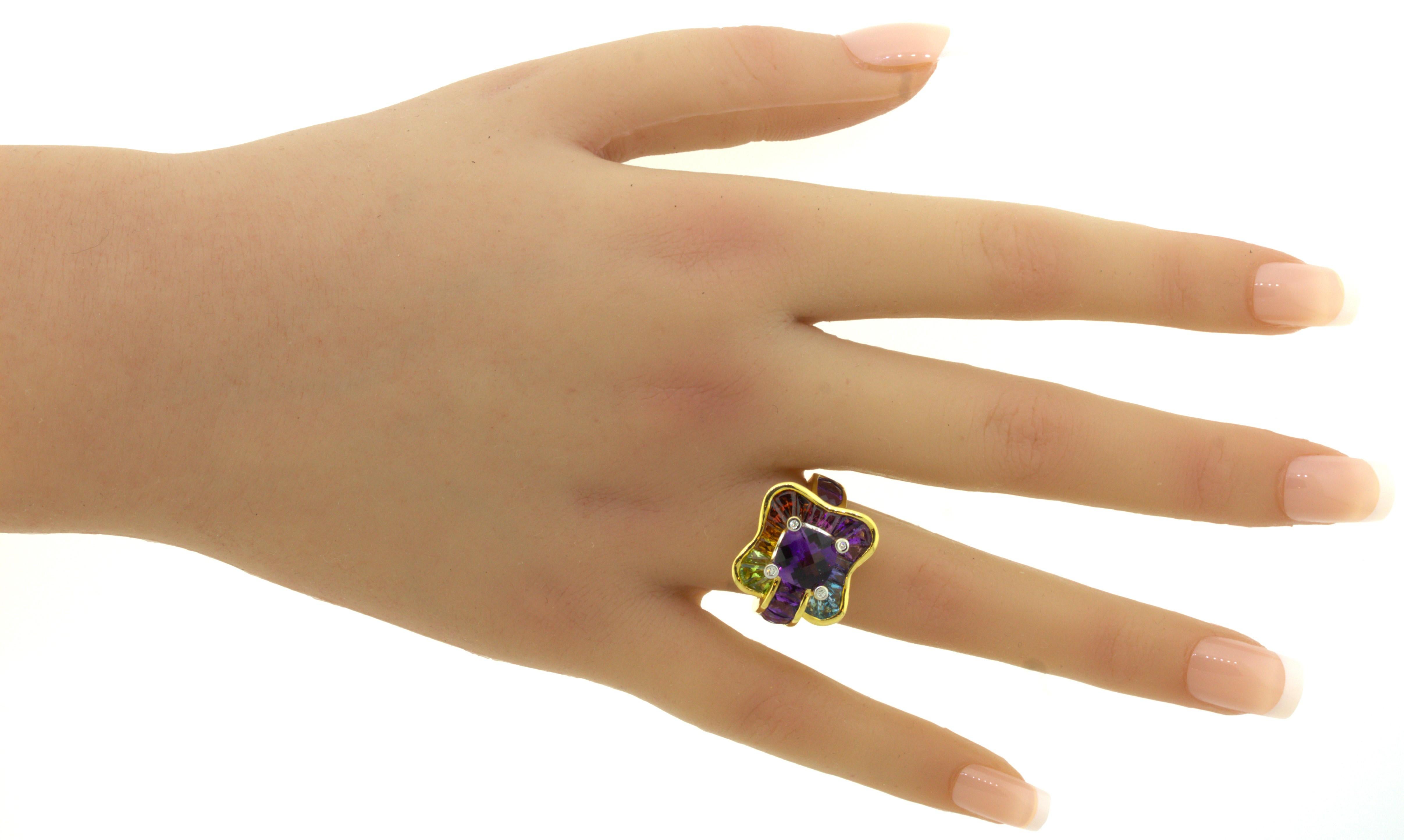 Bellarri Amethyst Diamond Multi-Color Gemstone 18k Yellow Gold Ring For Sale 9