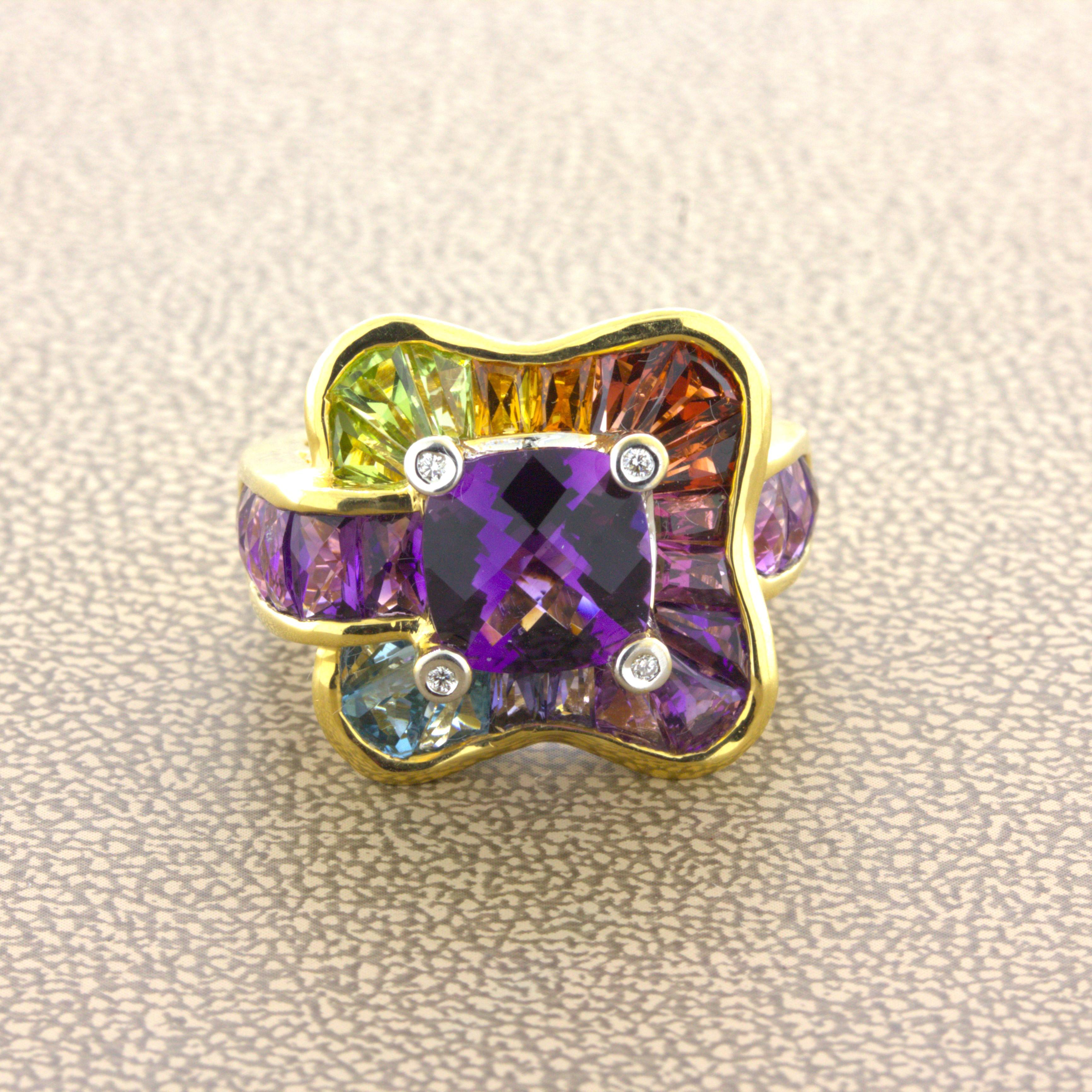 An original piece by designer Bellarri featuring a 2.04 carat amethyst surrounded by a wide array of multi-colored gemstones. The gemstones around the amethyst include blue topaz, peridot, garnet, and additional amethyst which weigh a total of 5.26