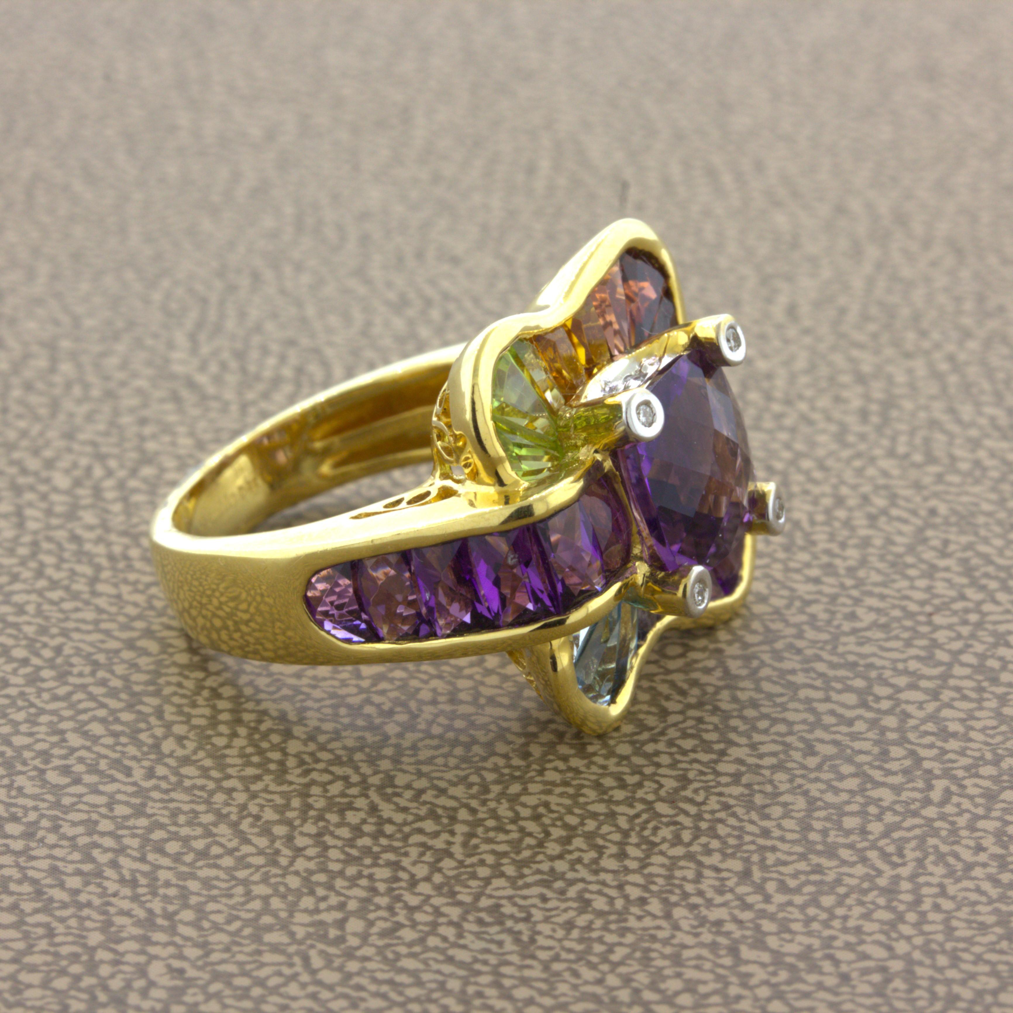 Bellarri Amethyst Diamond Multi-Color Gemstone 18k Yellow Gold Ring In New Condition For Sale In Beverly Hills, CA